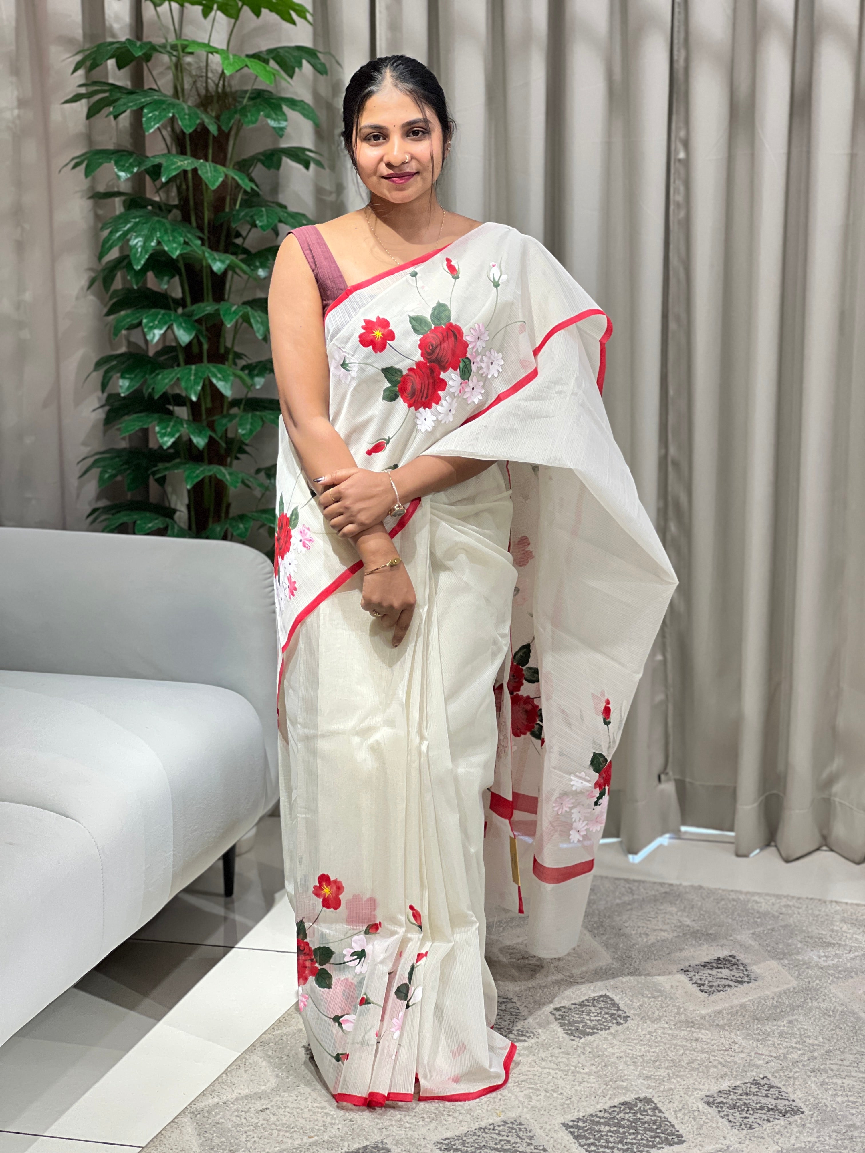 Floral Placement Detailed Muga Check Organza Saree | JSC546