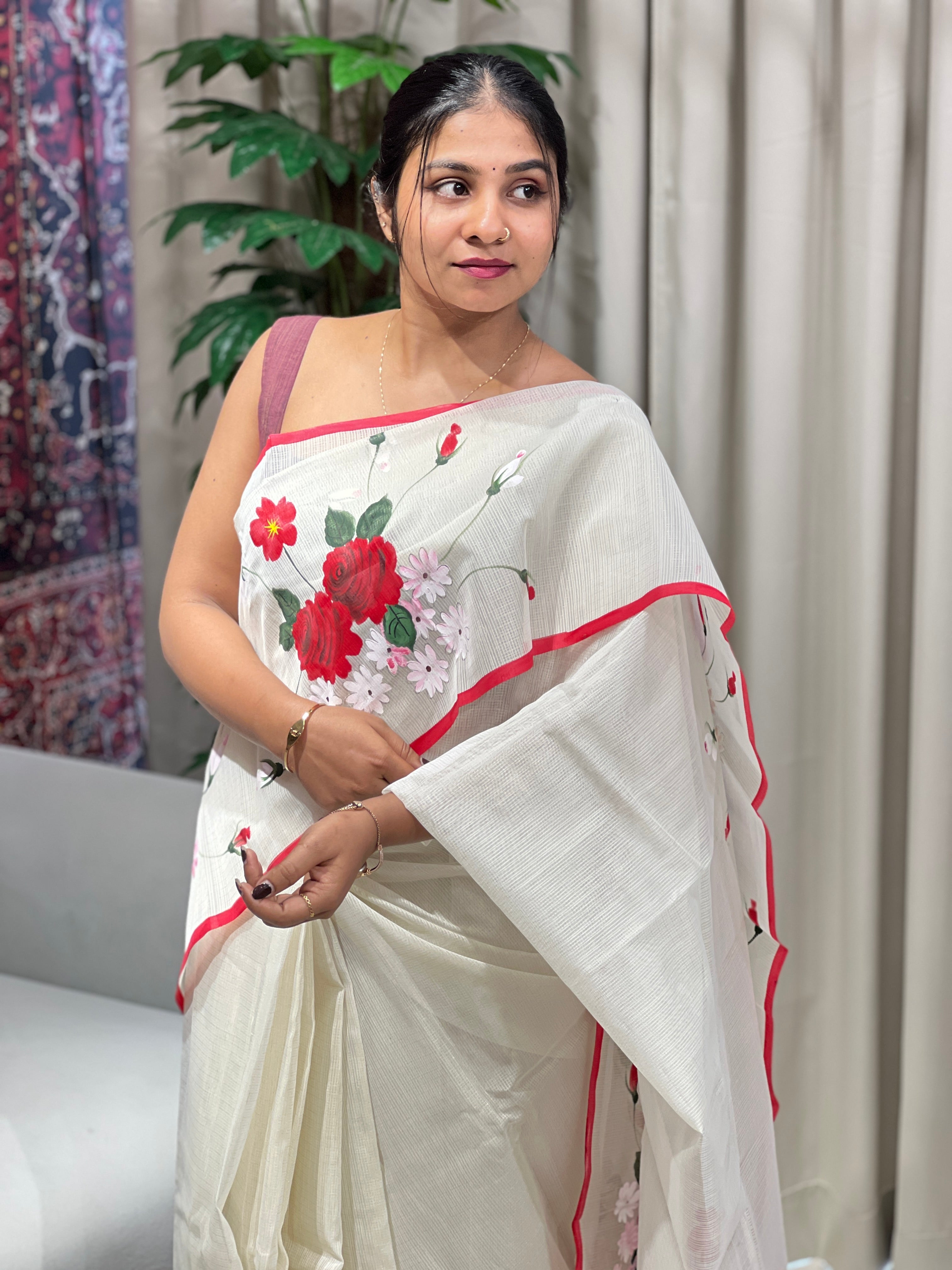 Floral Placement Detailed Muga Check Organza Saree | JSC546