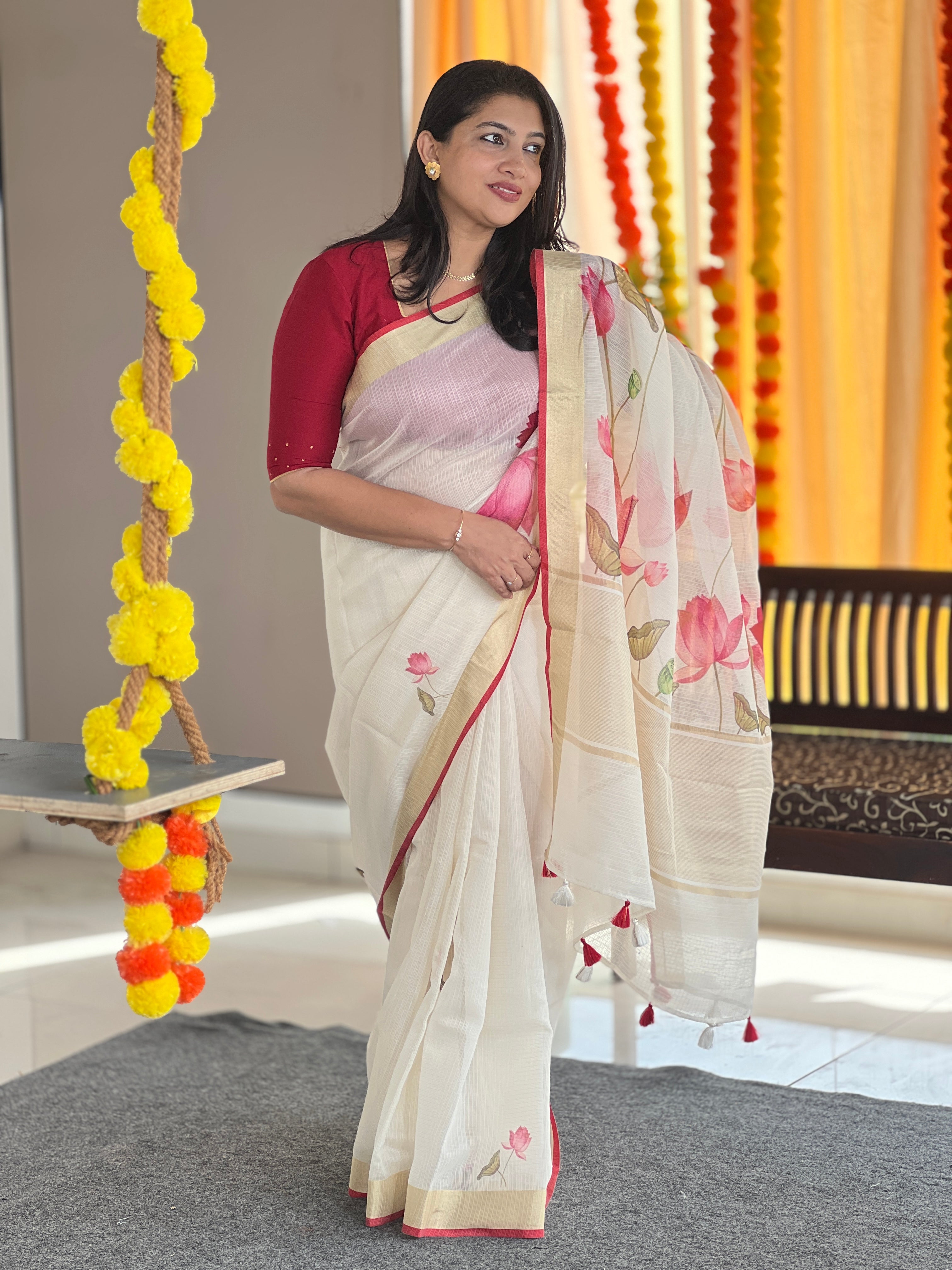 Digital Printed Lotus Patterned Banarasi Kota Saree | MR155