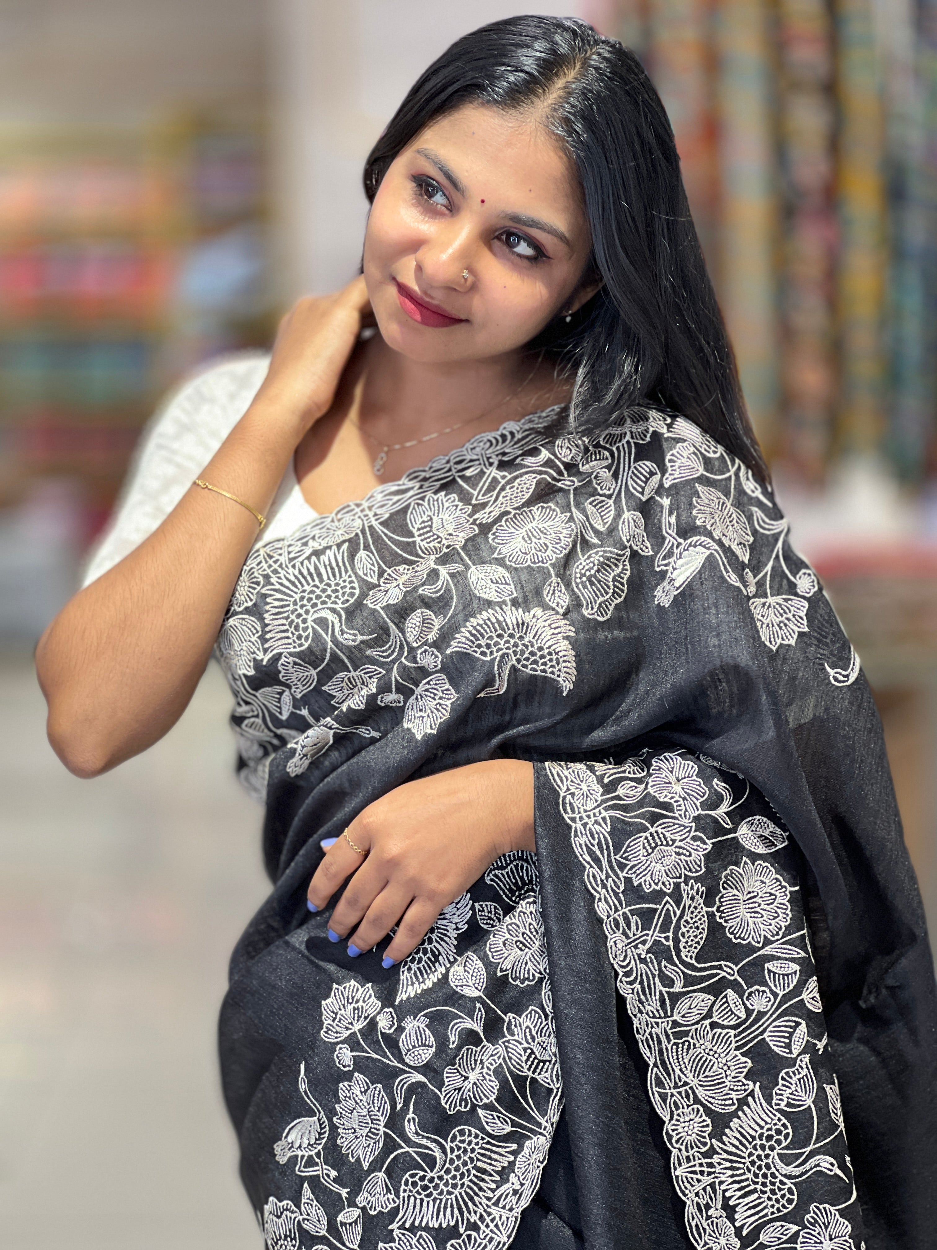Machine Embroidery Geecha Tussar Saree | BLD1126