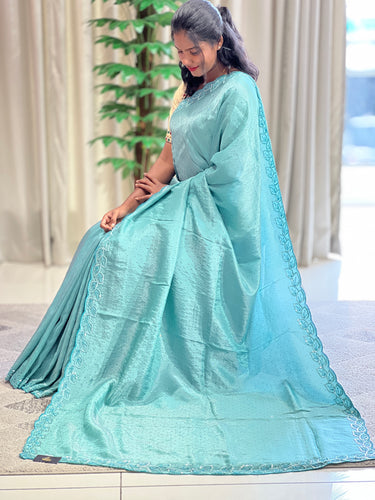 Stone Sticky With Beads Embroidery Detailed Velvet Crepe Saree | SBP977