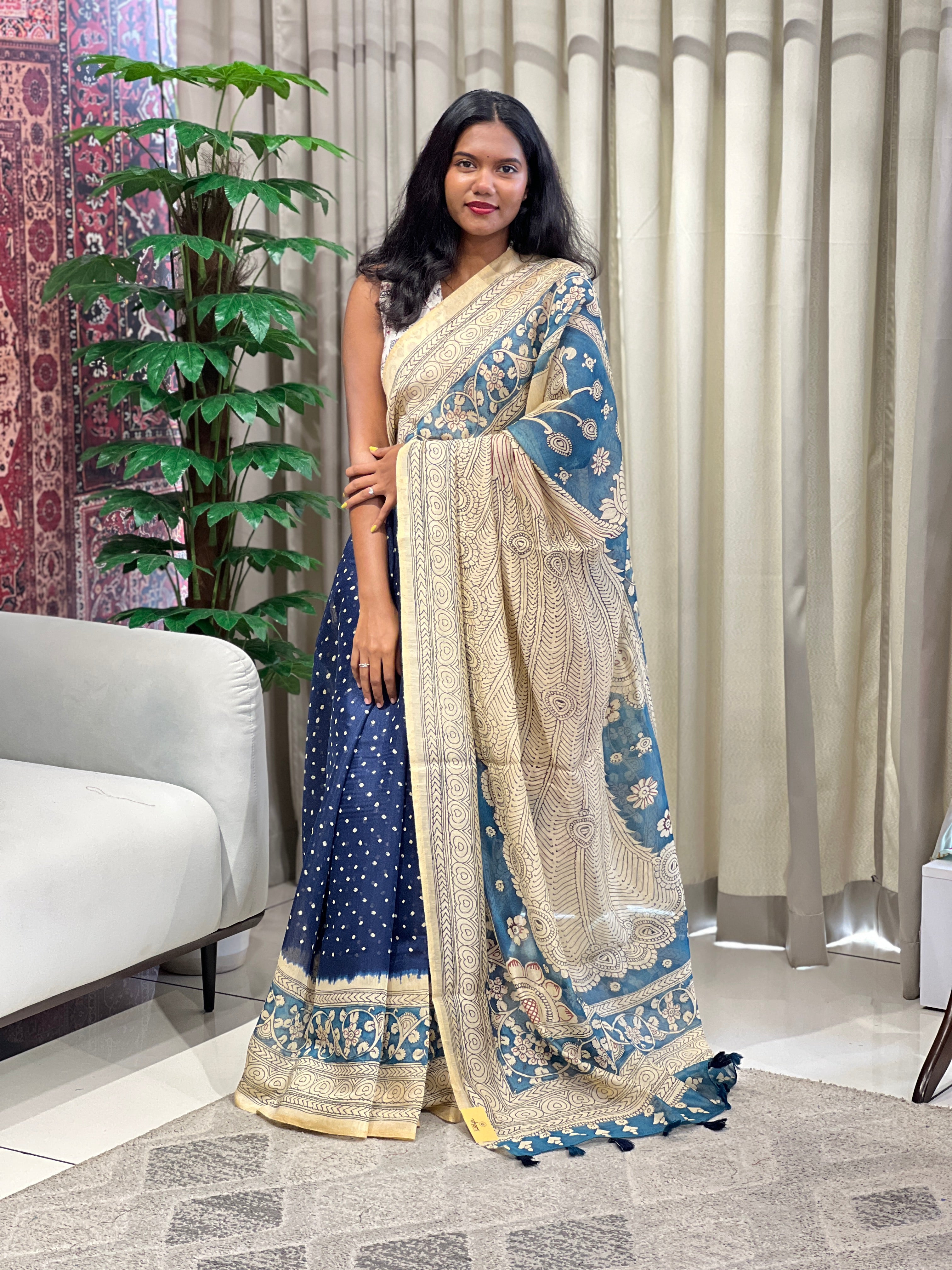 Kalamkari And Bandhani Patterned Semi Jute Saree | SSN499