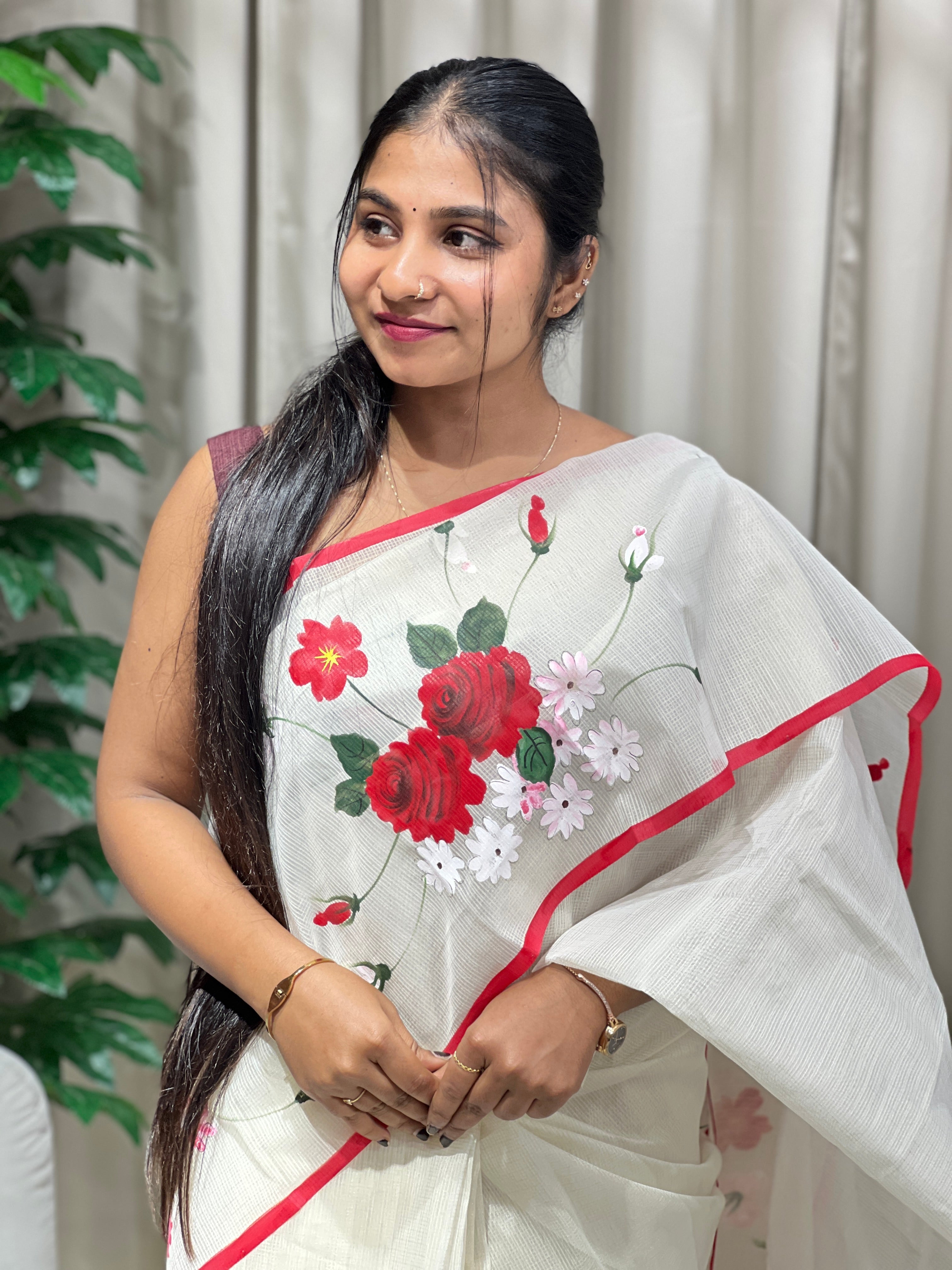 Floral Placement Detailed Muga Check Organza Saree | JSC546