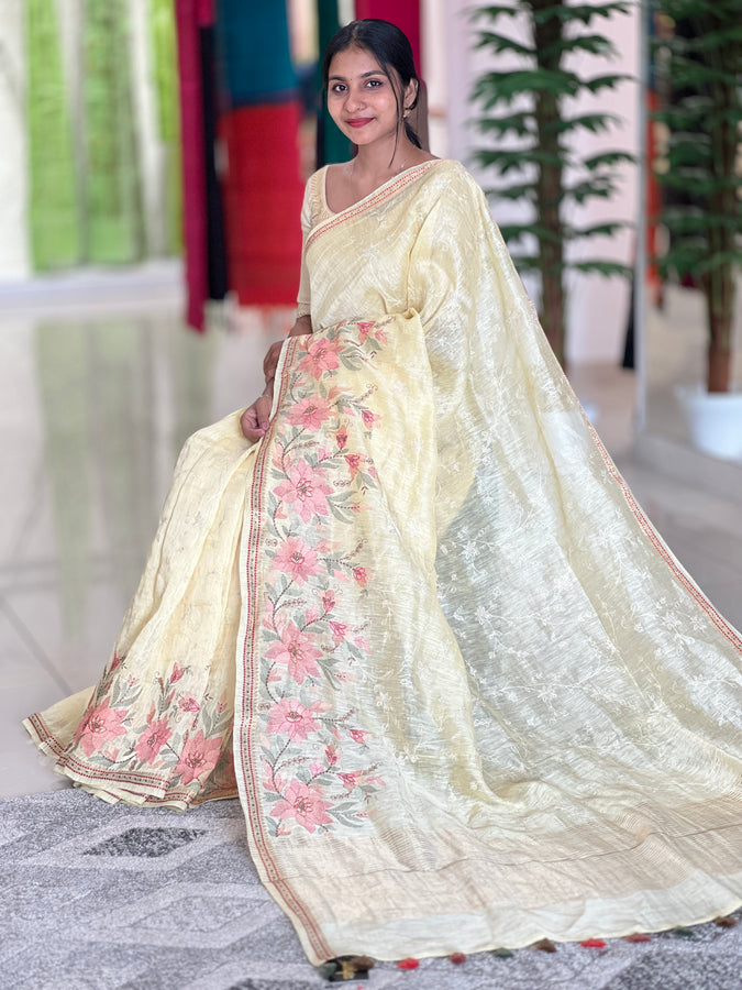 Floral Embroidered Silk Linen Saree | RGD221