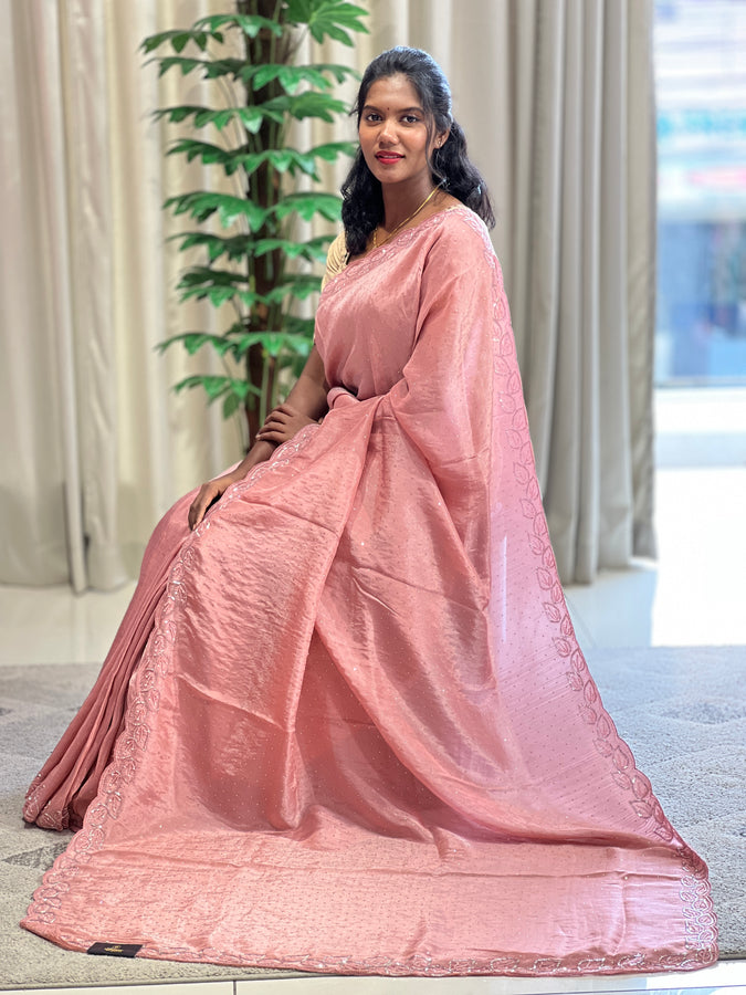 Stone Sticky With Beads Embroidery Detailed Velvet Crepe Saree | SBP974
