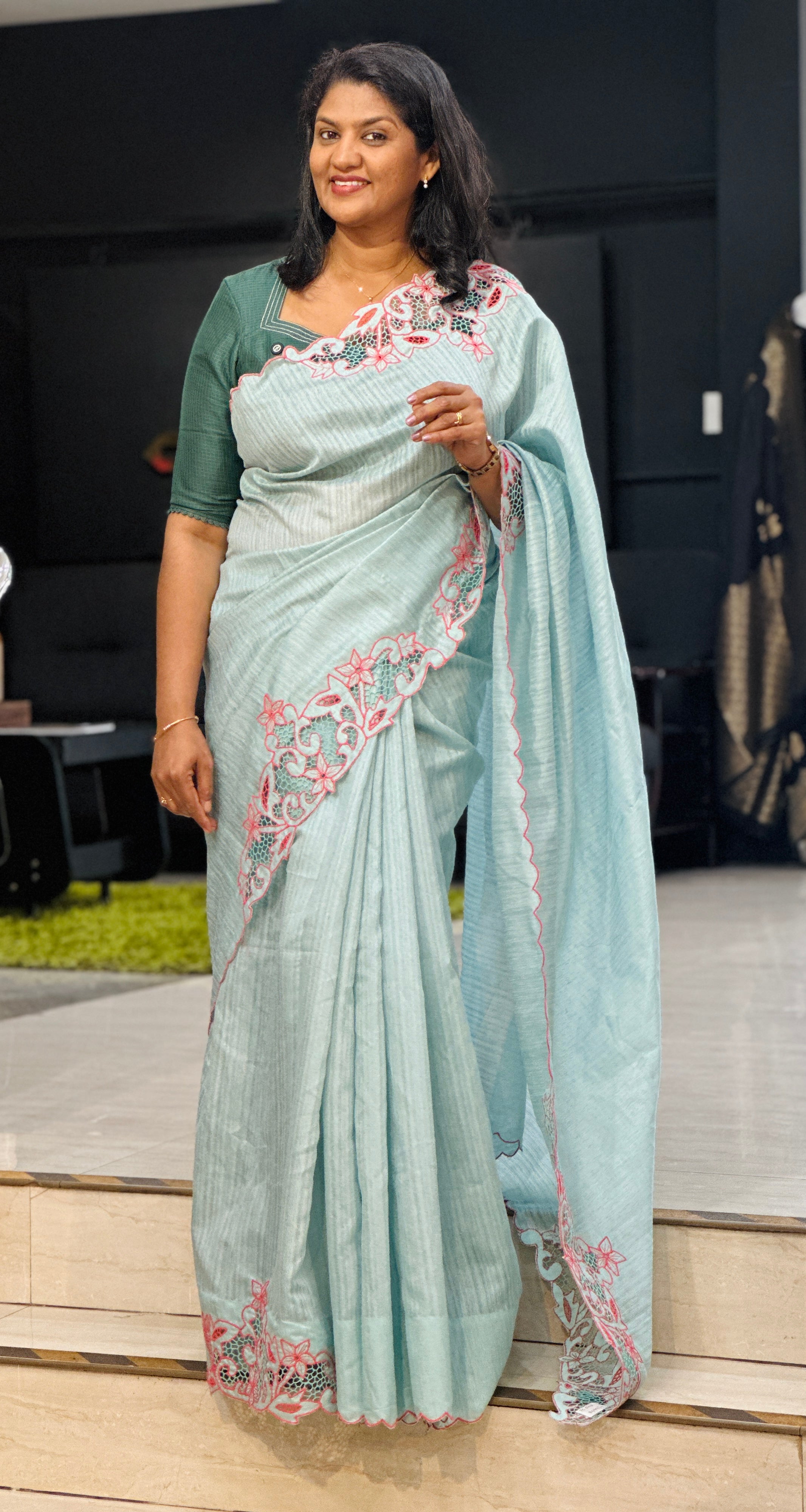 Floral Twine Cut Work Green Silk Saree | TC507