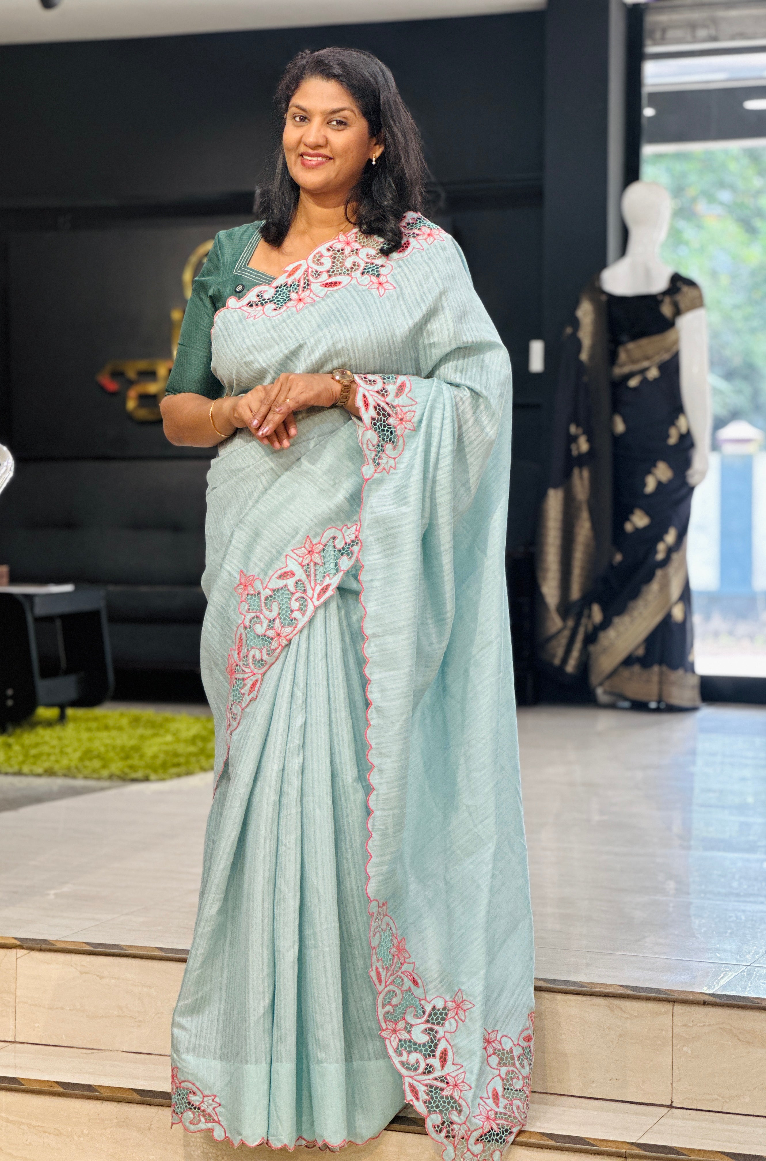 Floral Twine Cut Work Green Silk Saree | TC507