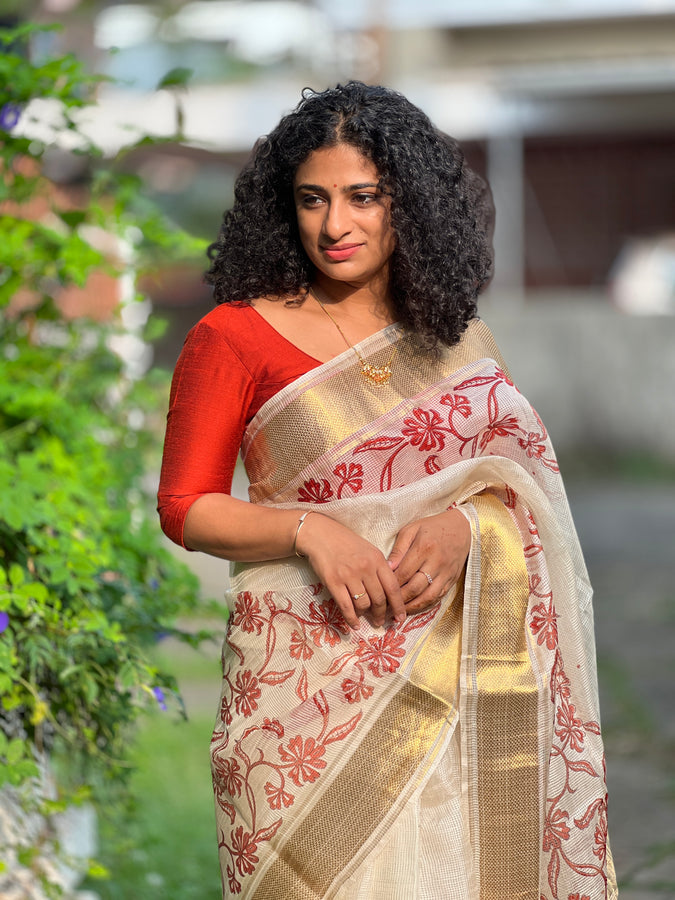 Zari Border and Block Printed Tussar Kota Saree | ACT1108