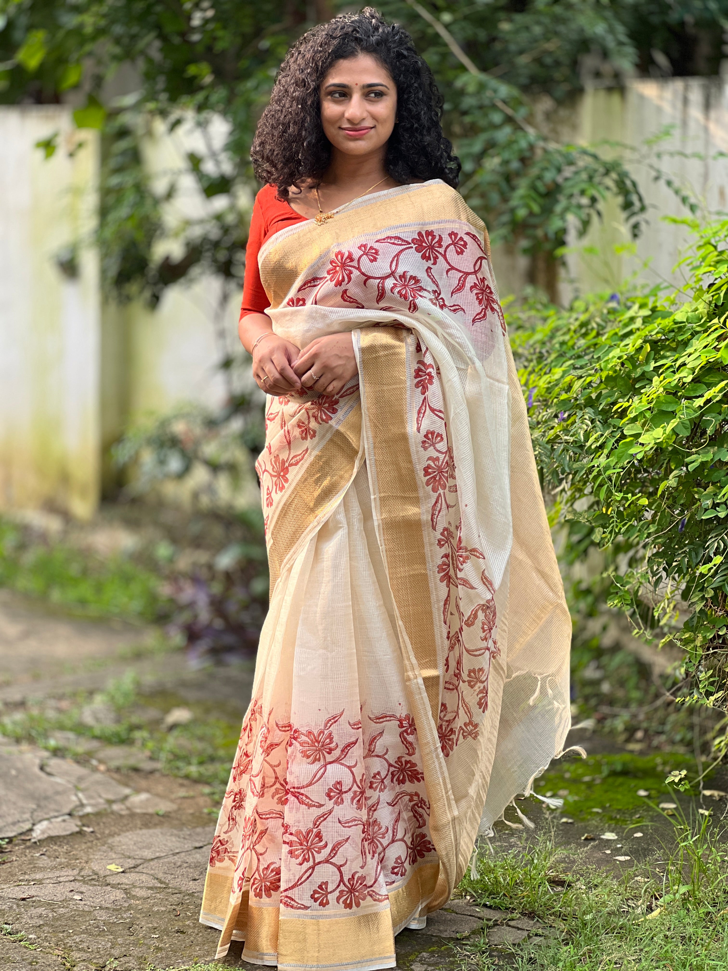 Zari Border and Block Printed Tussar Kota Saree | ACT1108