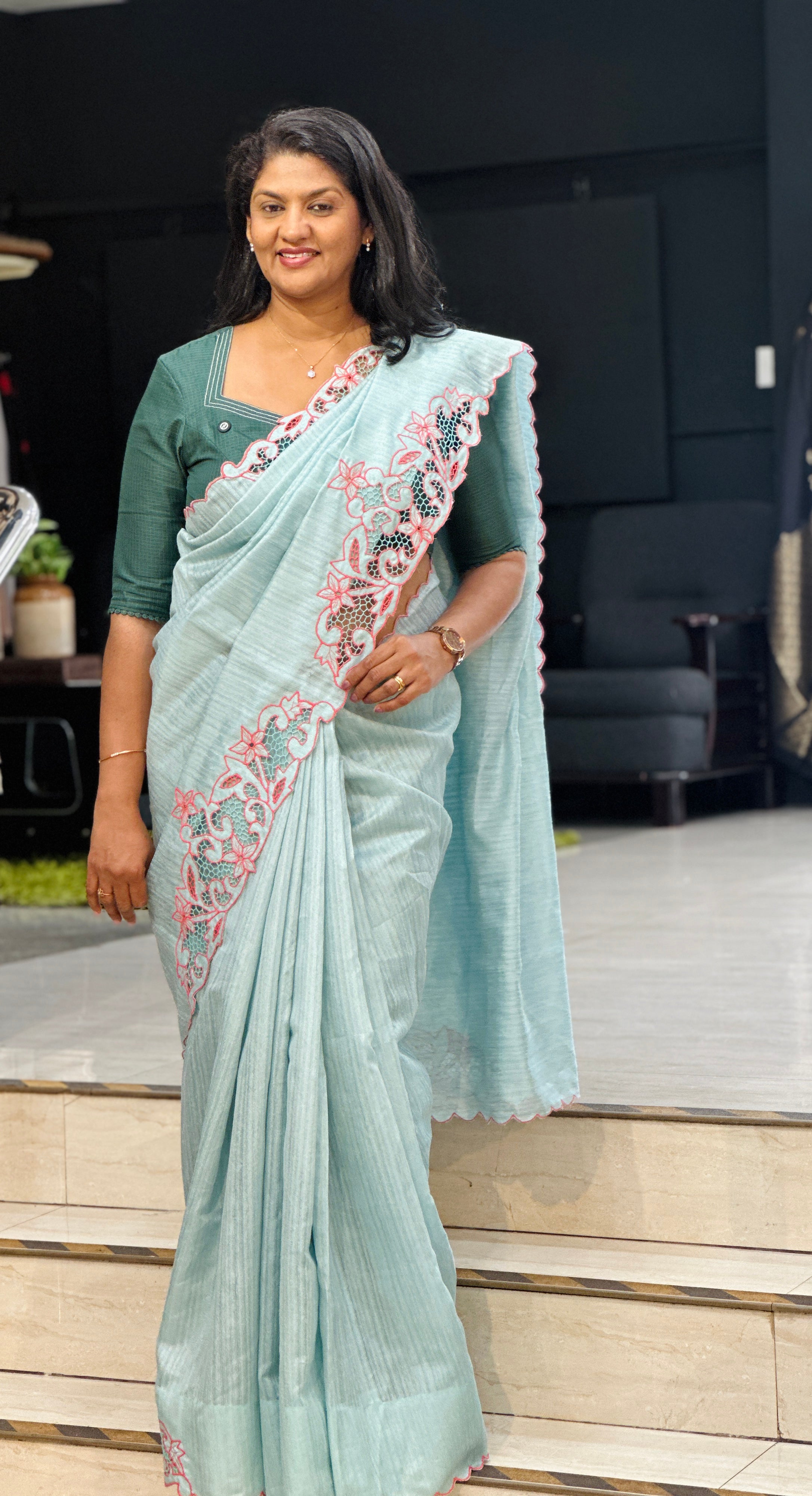 Floral Twine Cut Work Green Silk Saree | TC507