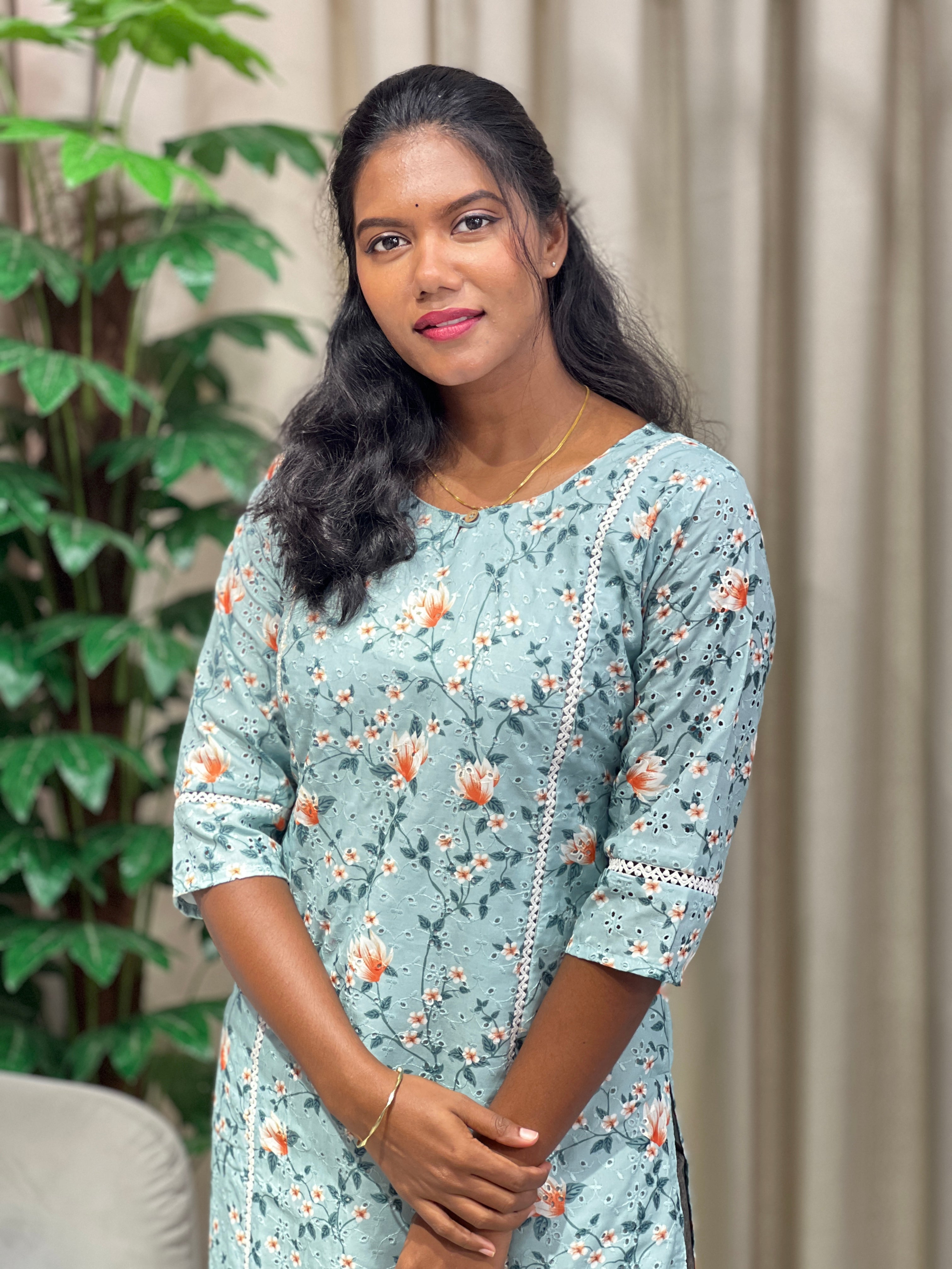 Floral Print With Schiffli Detailed Cotton Kurta | RMLA272