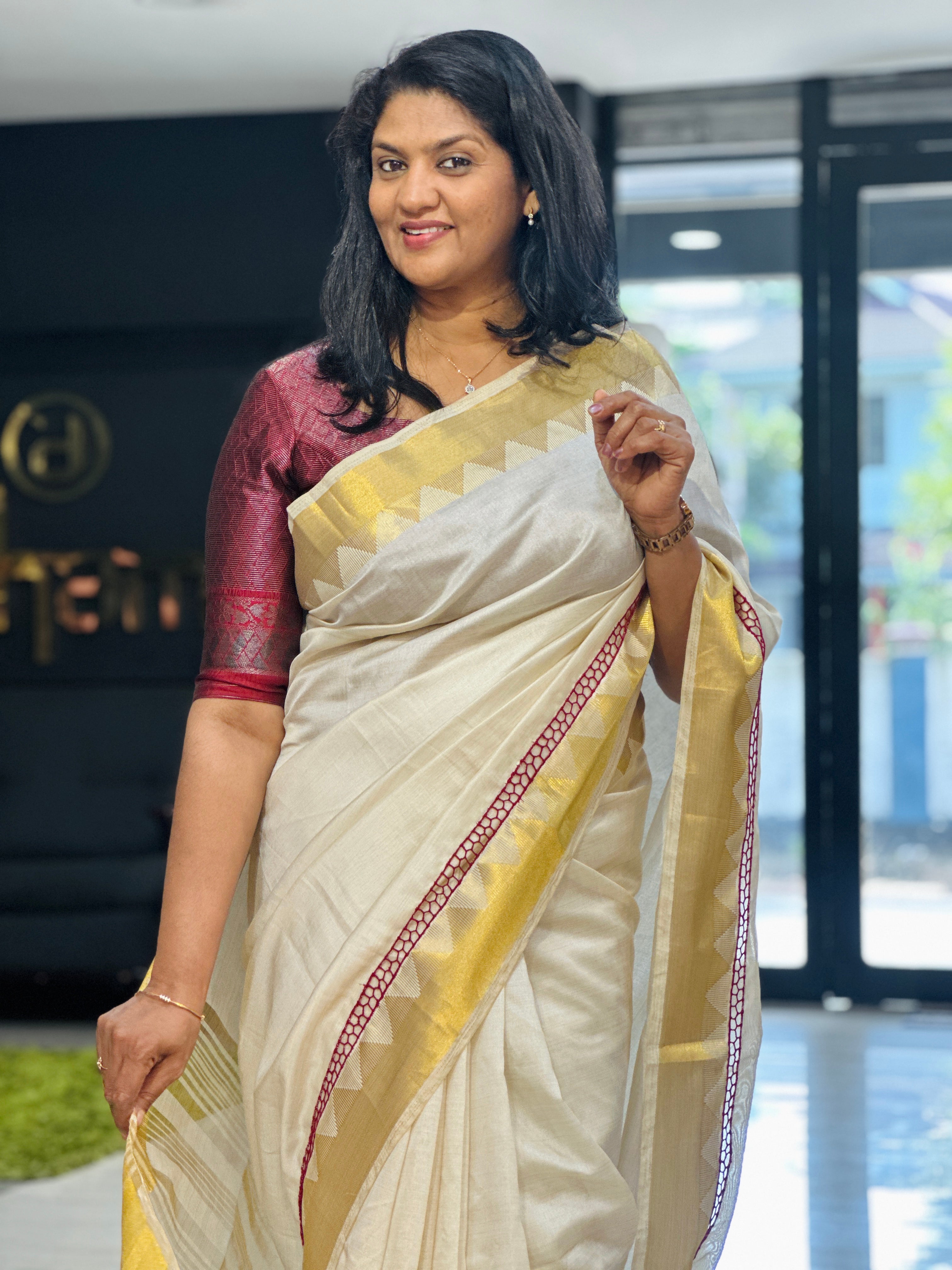 Temple Border Pattern Twine Cut Work Semi Silk Saree | TC508