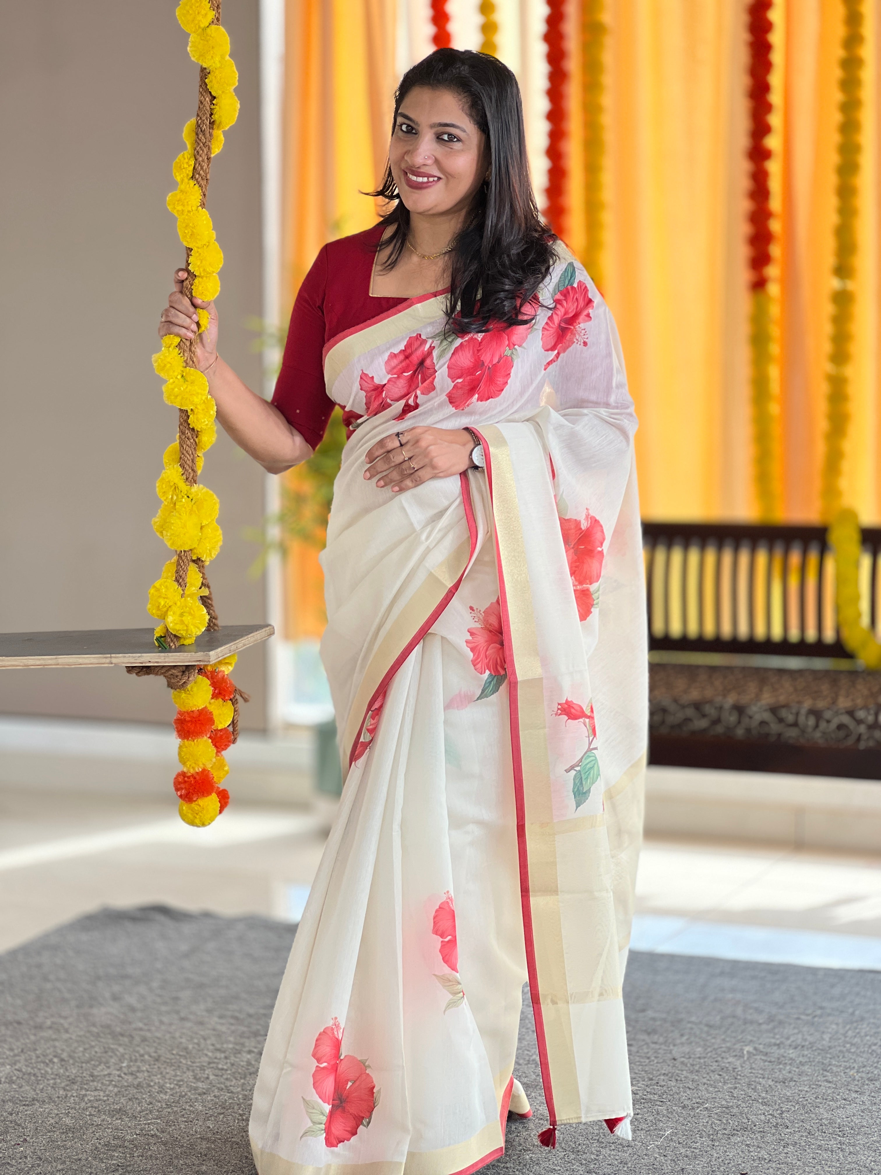Digital Printed Floral Patterned Banarasi Chanderi Saree | MR152
