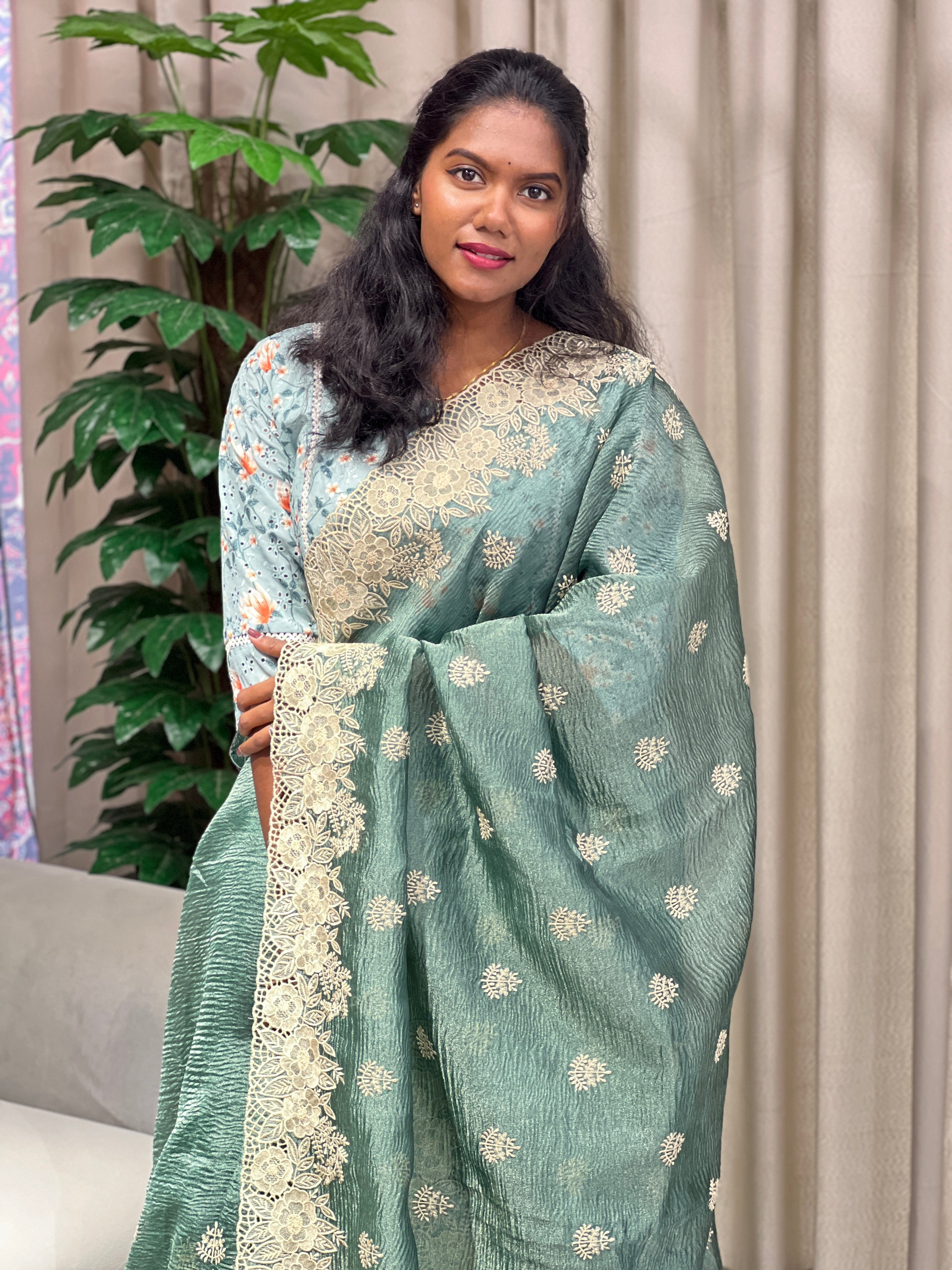 Floral Cutwork Embroidery Crushed Shimmer Organza Saree | RGD997R