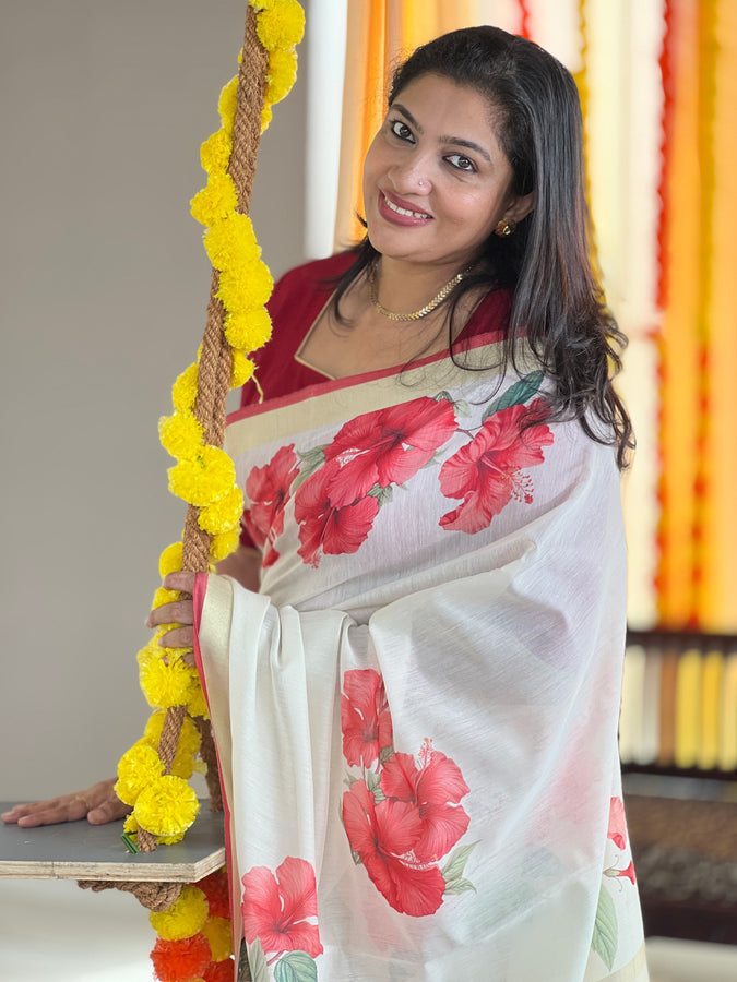 Digital Printed Floral Patterned Banarasi Chanderi Saree | MR152
