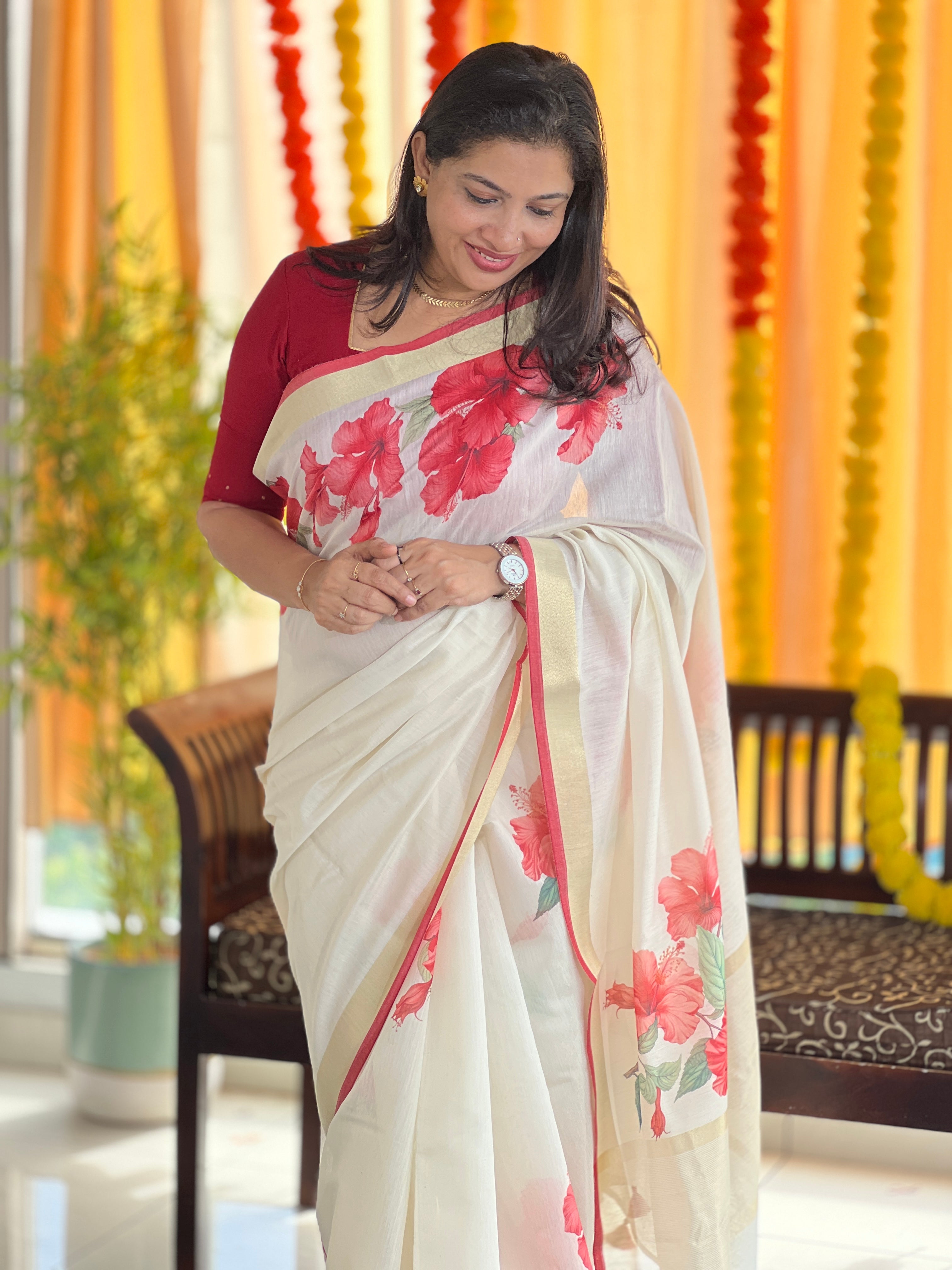 Digital Printed Floral Patterned Banarasi Chanderi Saree | MR152