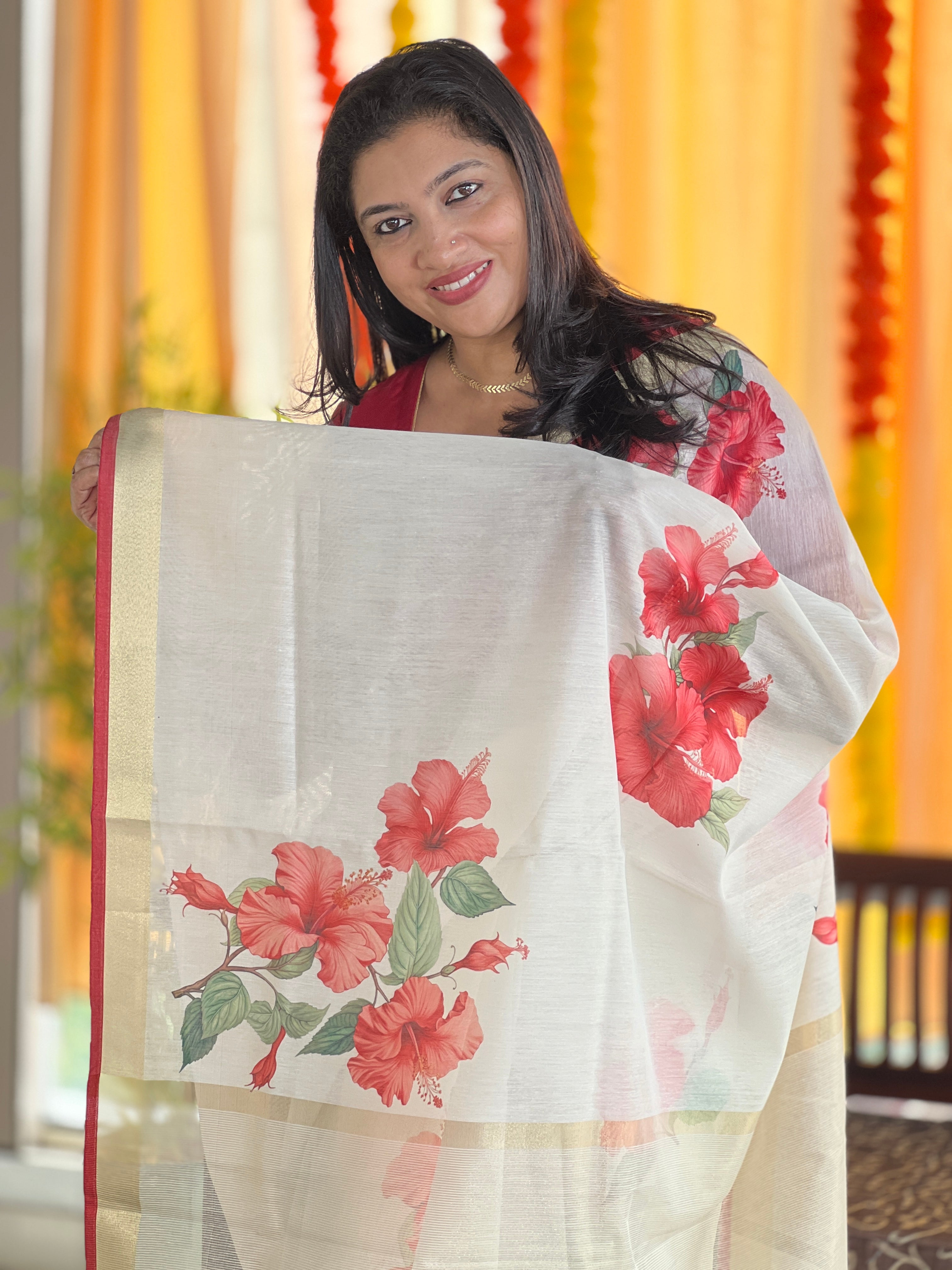 Digital Printed Floral Patterned Banarasi Chanderi Saree | MR152