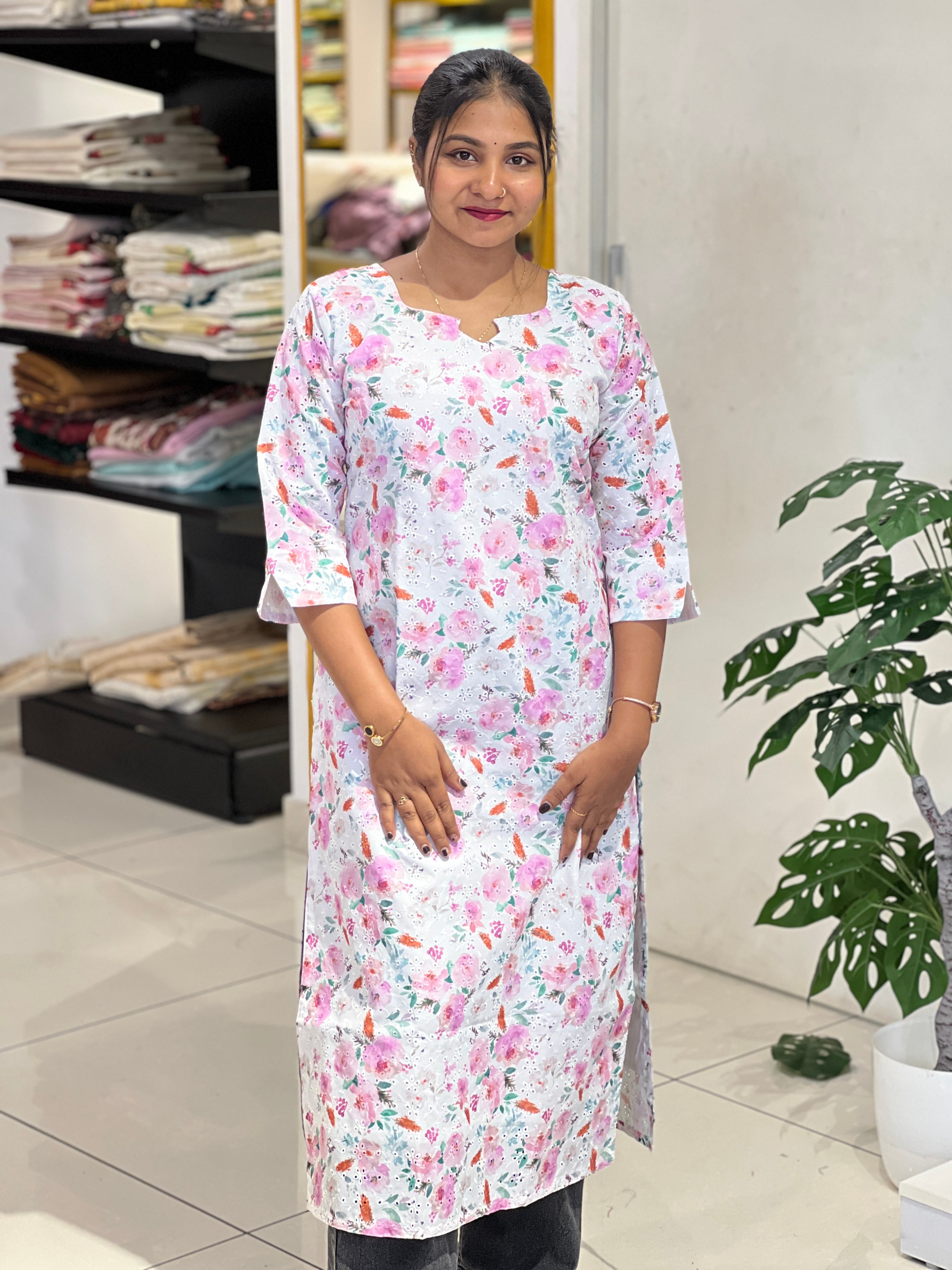 Floral Print With Schiffli Detailed Cotton Kurta | RMLA270