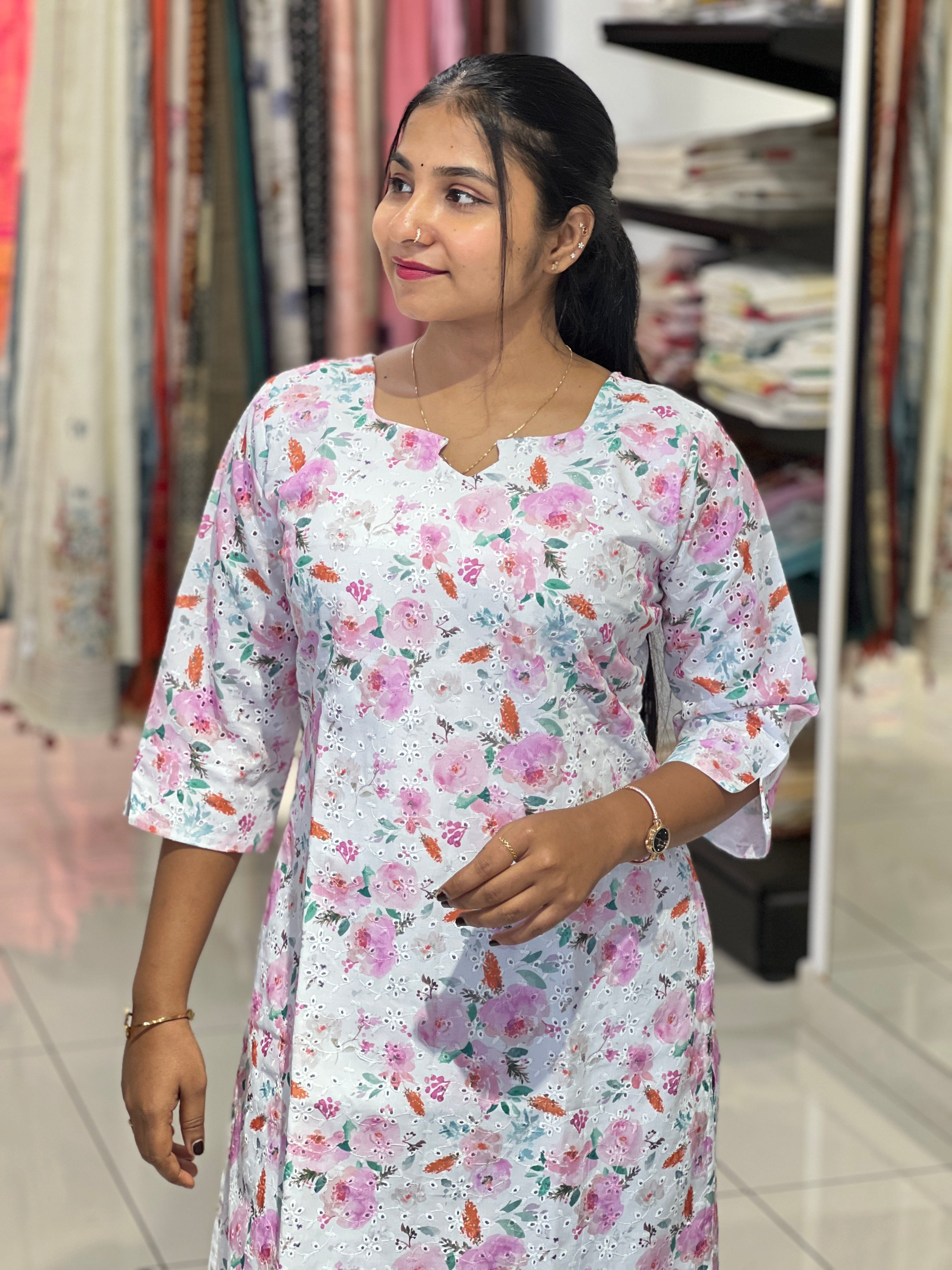 Floral Print With Schiffli Detailed Cotton Kurta | RMLA270
