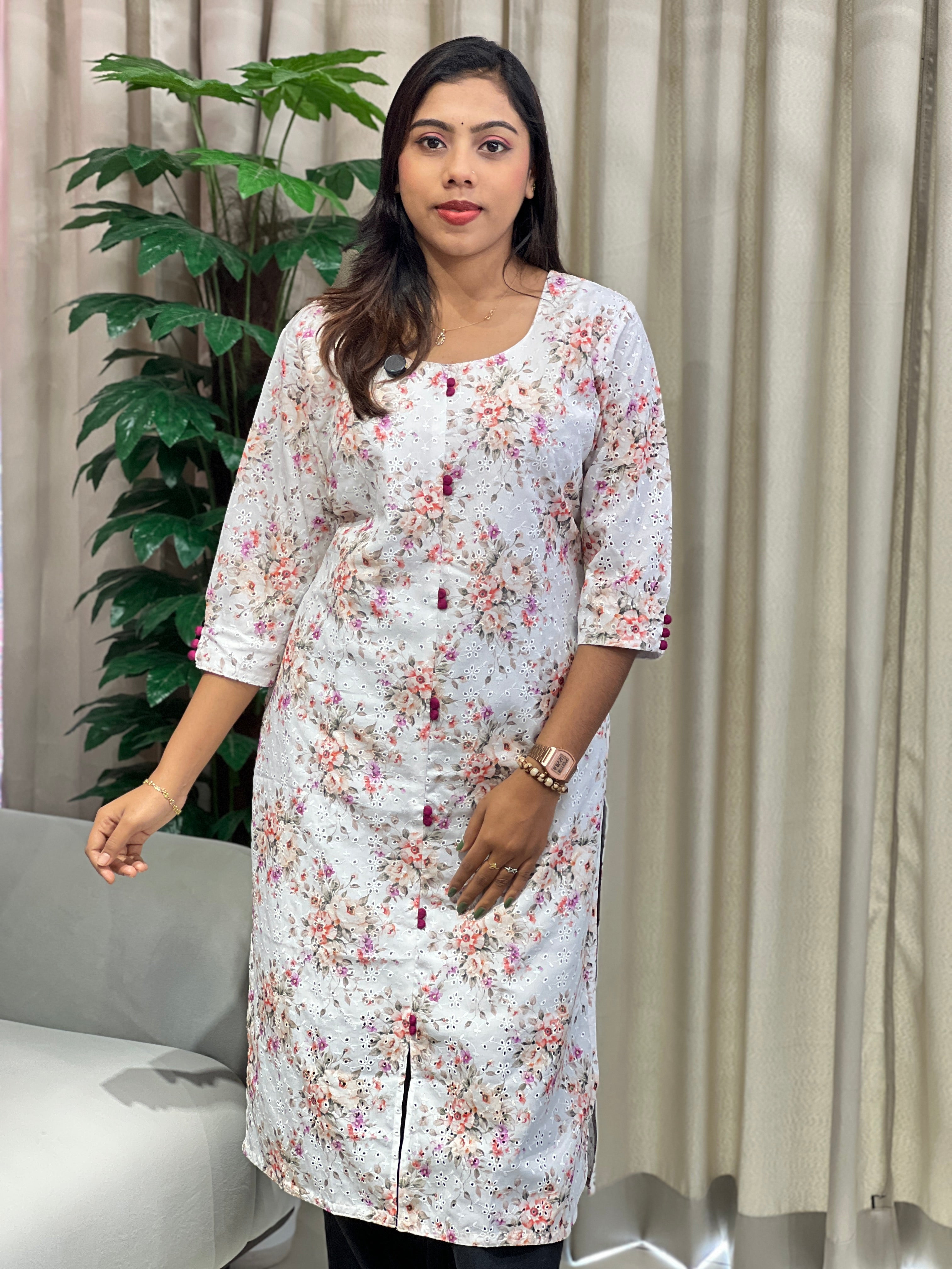 Floral Print With Schiffli Detailed Cotton Kurta | RMLA269