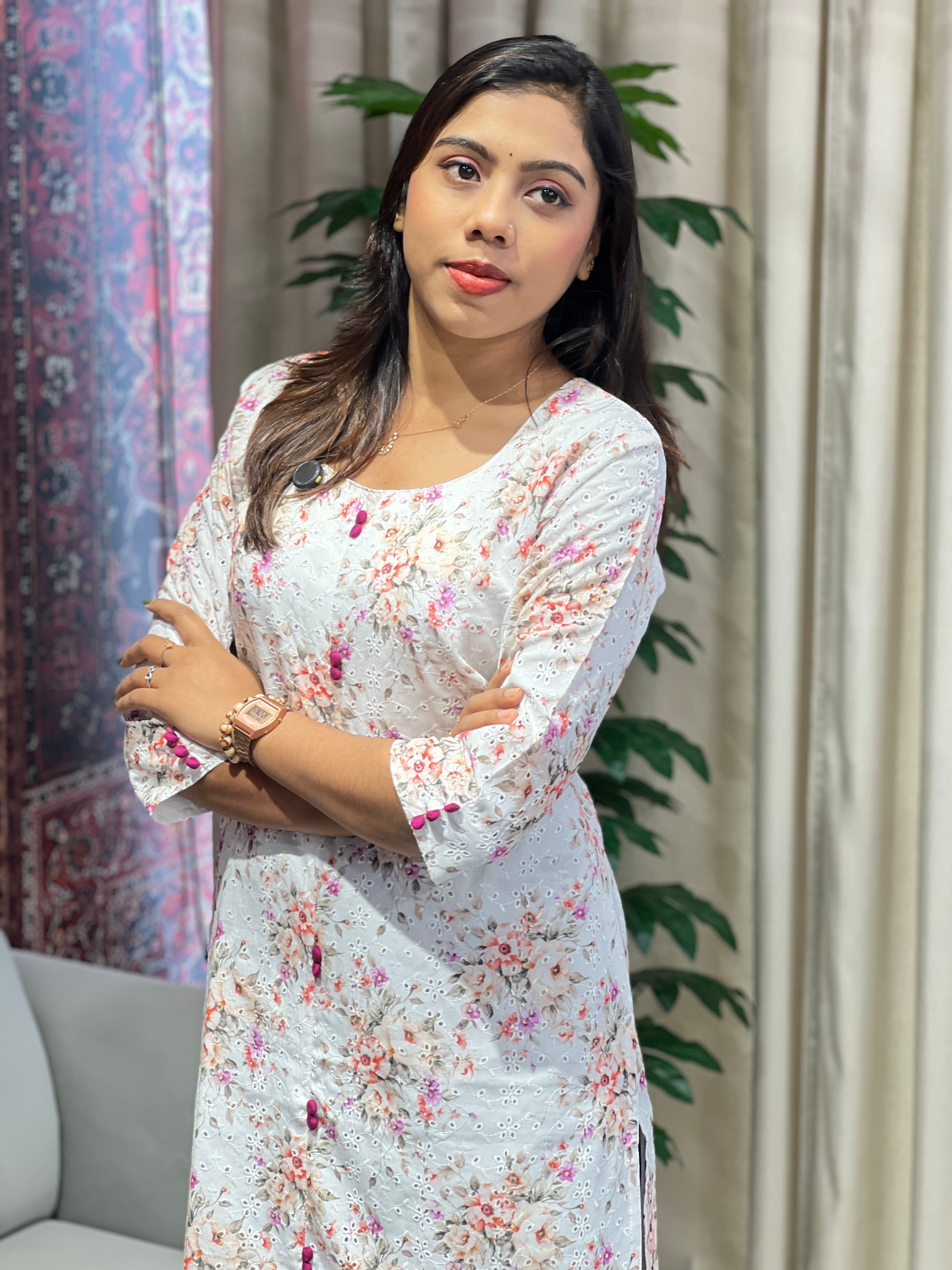 Floral Print With Schiffli Detailed Cotton Kurta | RMLA269