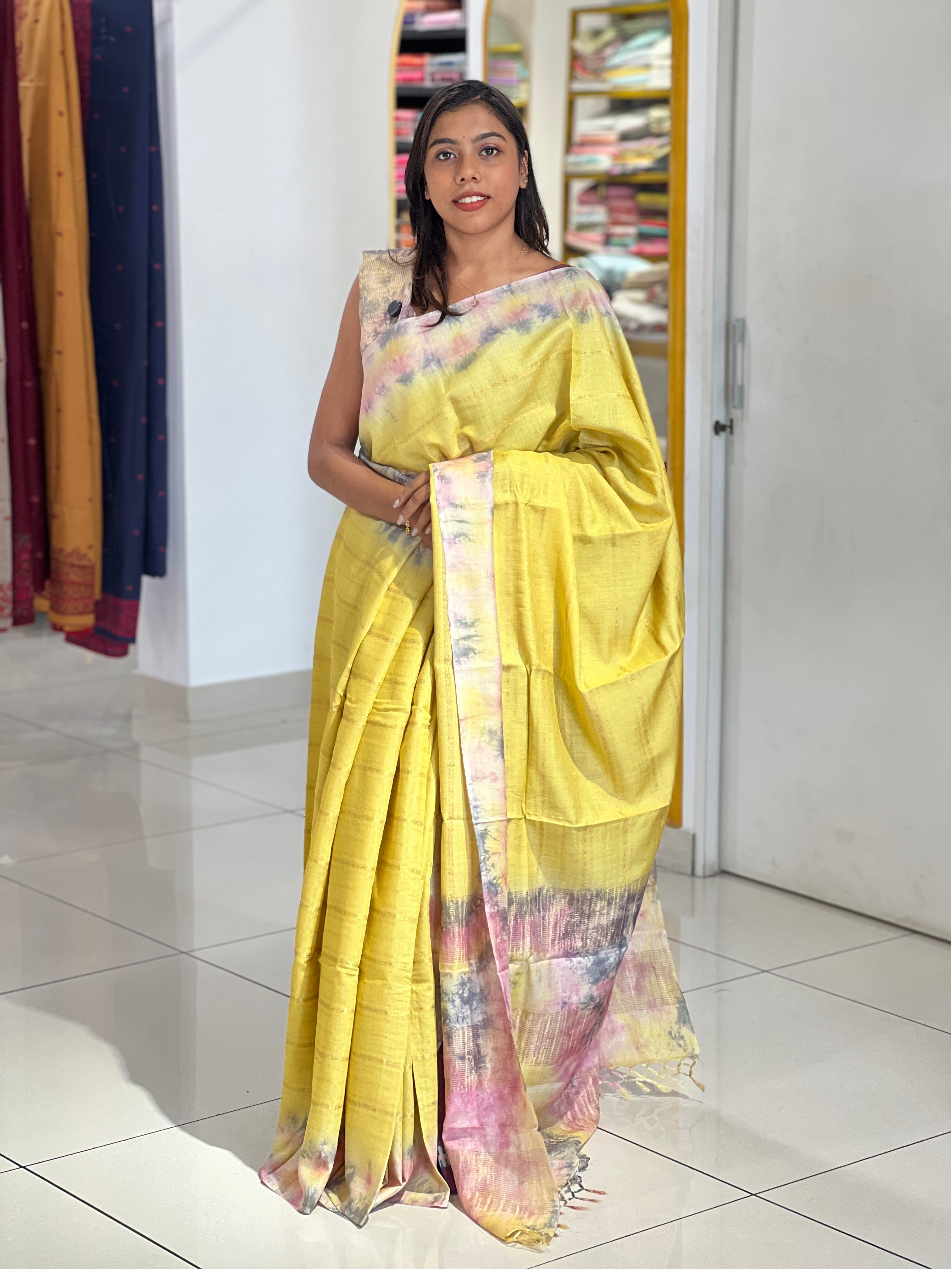 Tie & Dye & Zari Detailed Muga Tussar Saree | HS1273