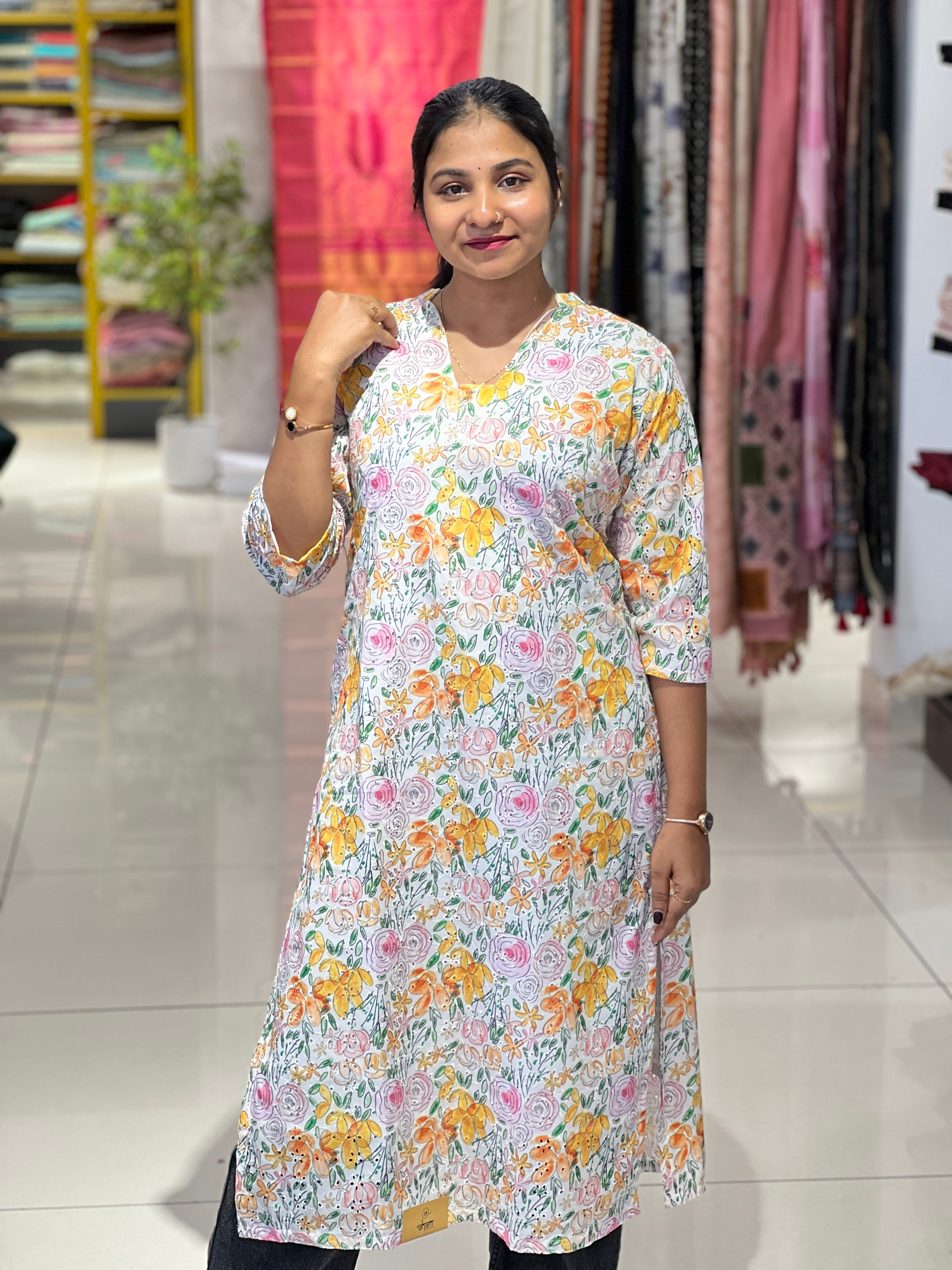 Floral Pattern With Schiffli Detailed Cotton Kurta | RMLA277