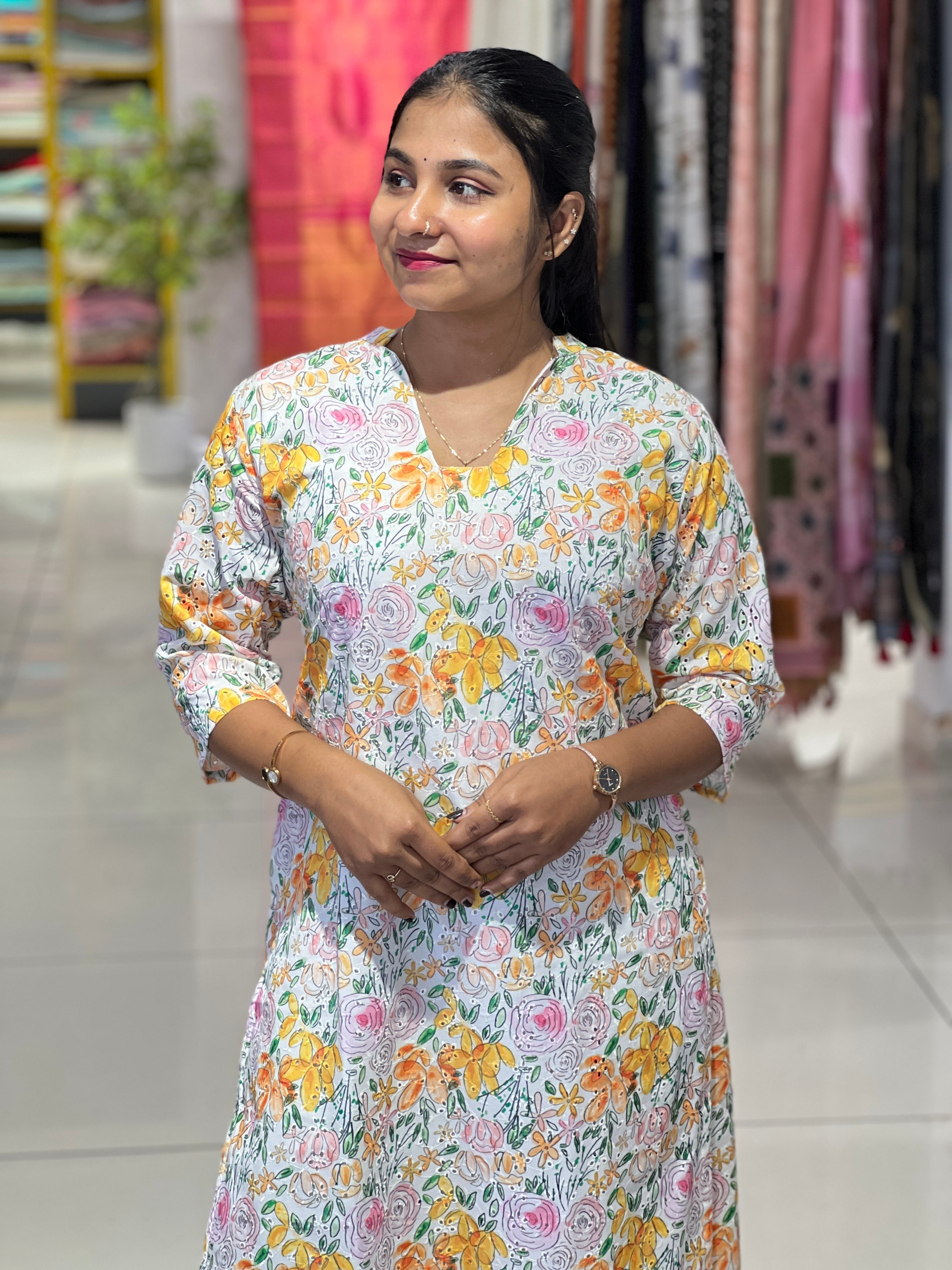 Floral Pattern With Schiffli Detailed Cotton Kurta | RMLA277