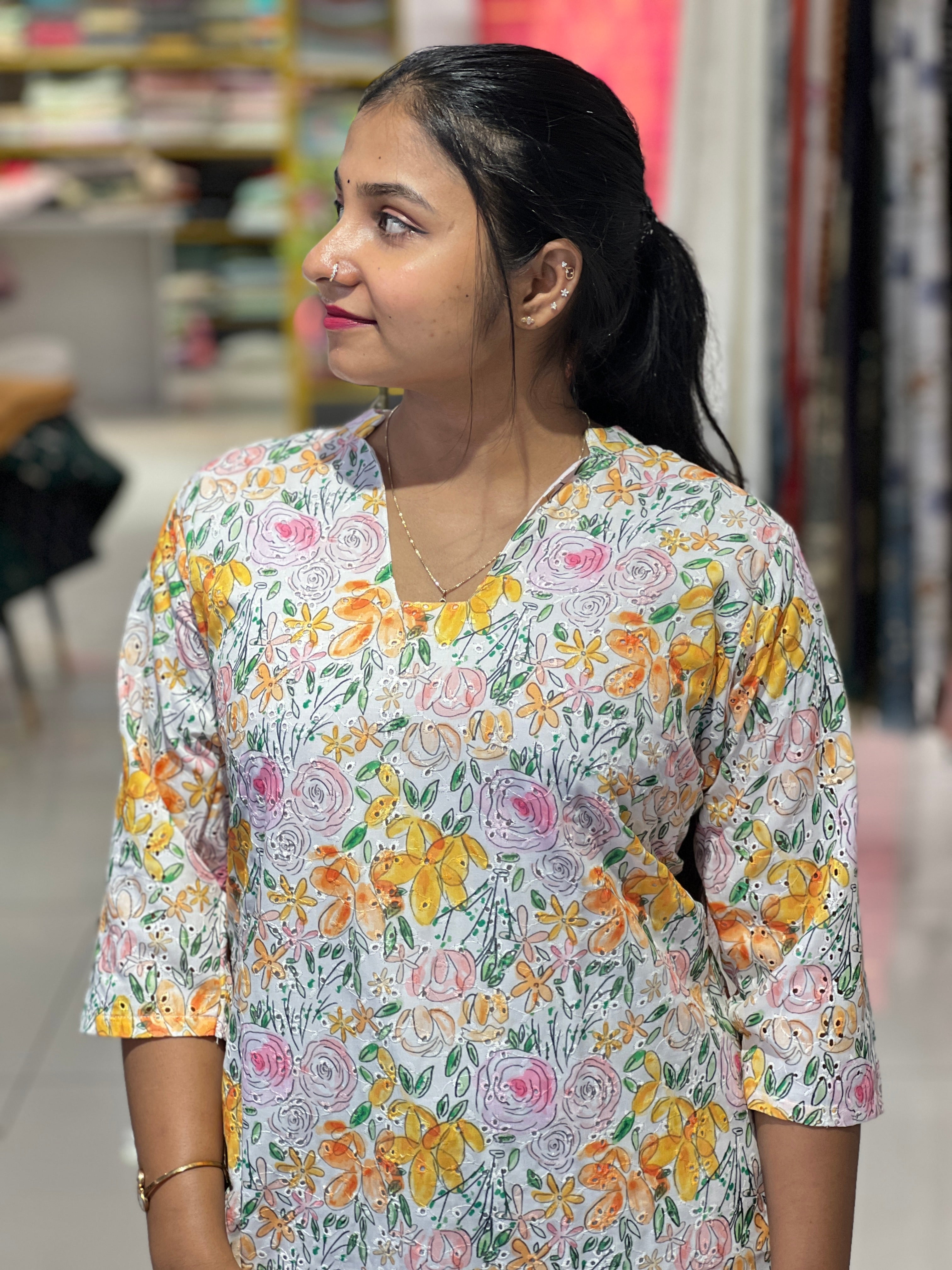 Floral Pattern With Schiffli Detailed Cotton Kurta | RMLA277