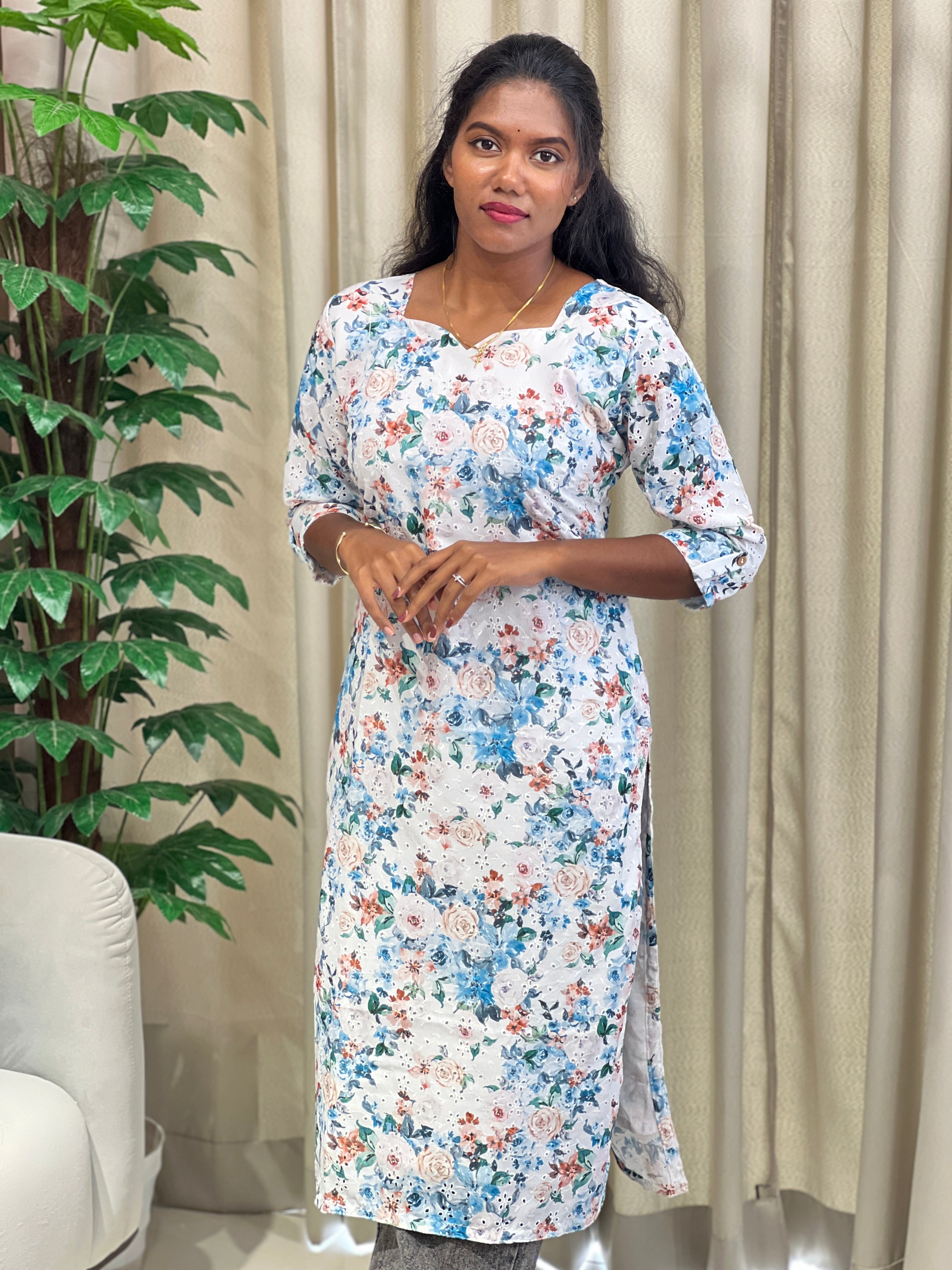 Floral Print With Schiffli Detailed Cotton Kurta | RMLA273