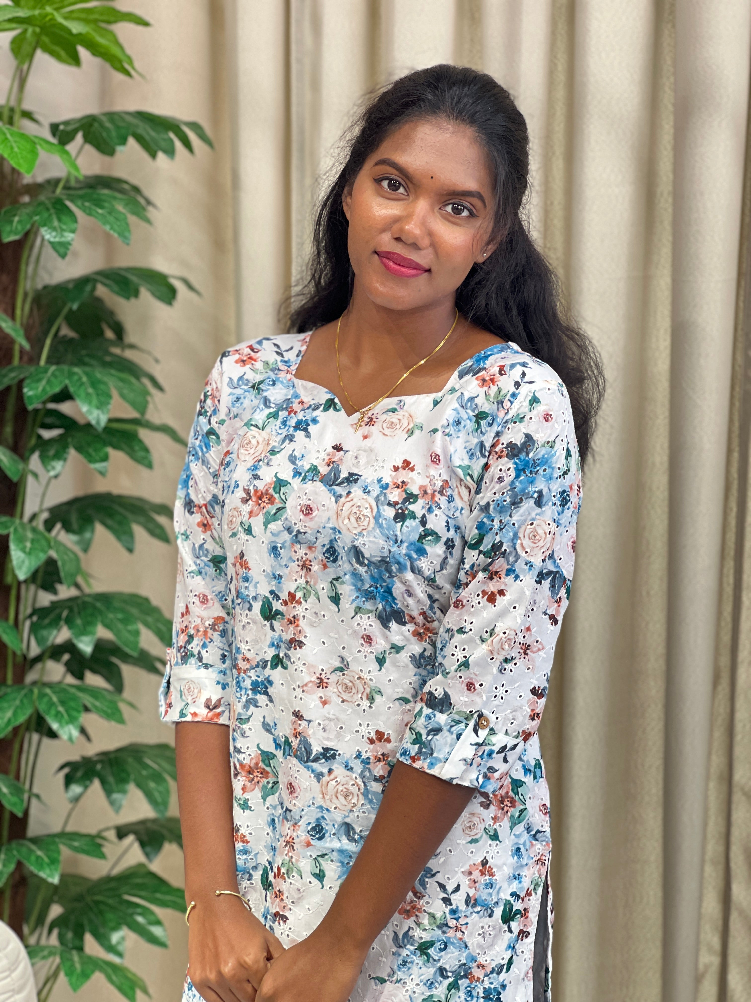 Floral Print With Schiffli Detailed Cotton Kurta | RMLA273