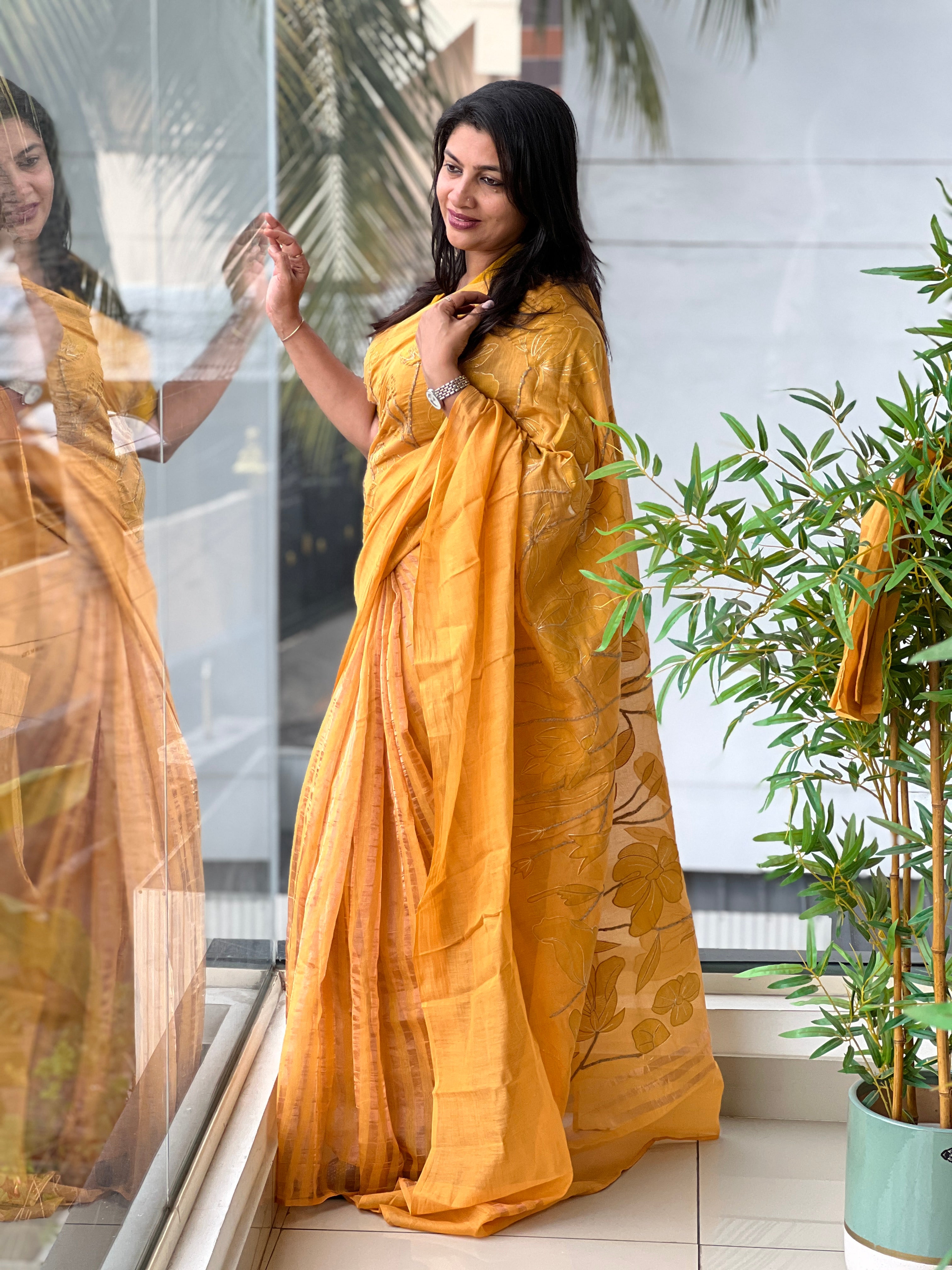 Floral Applique Design Malai Chanderi Saree | MM448