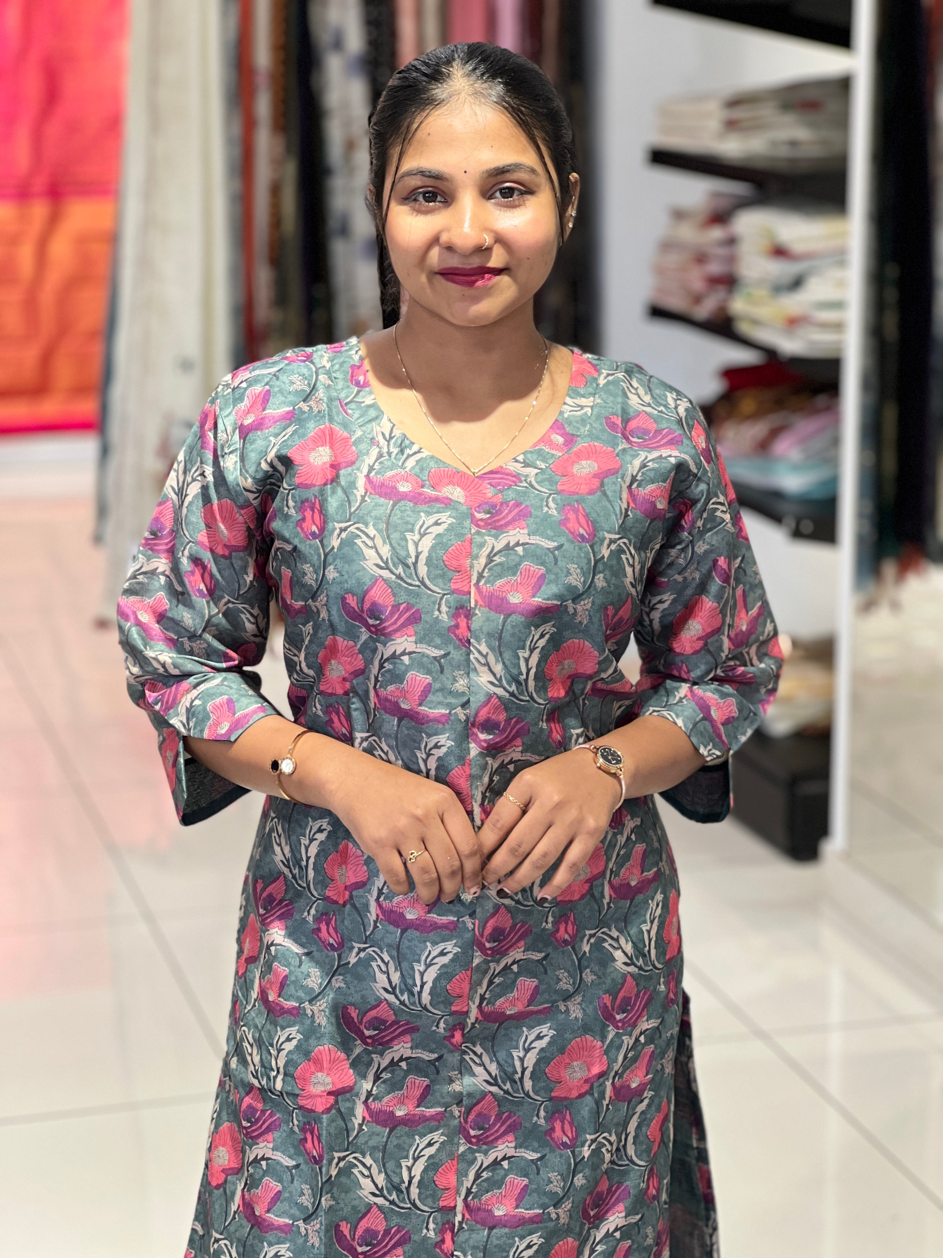 Floral Print Detailed Cotton Kurta | RMLA274