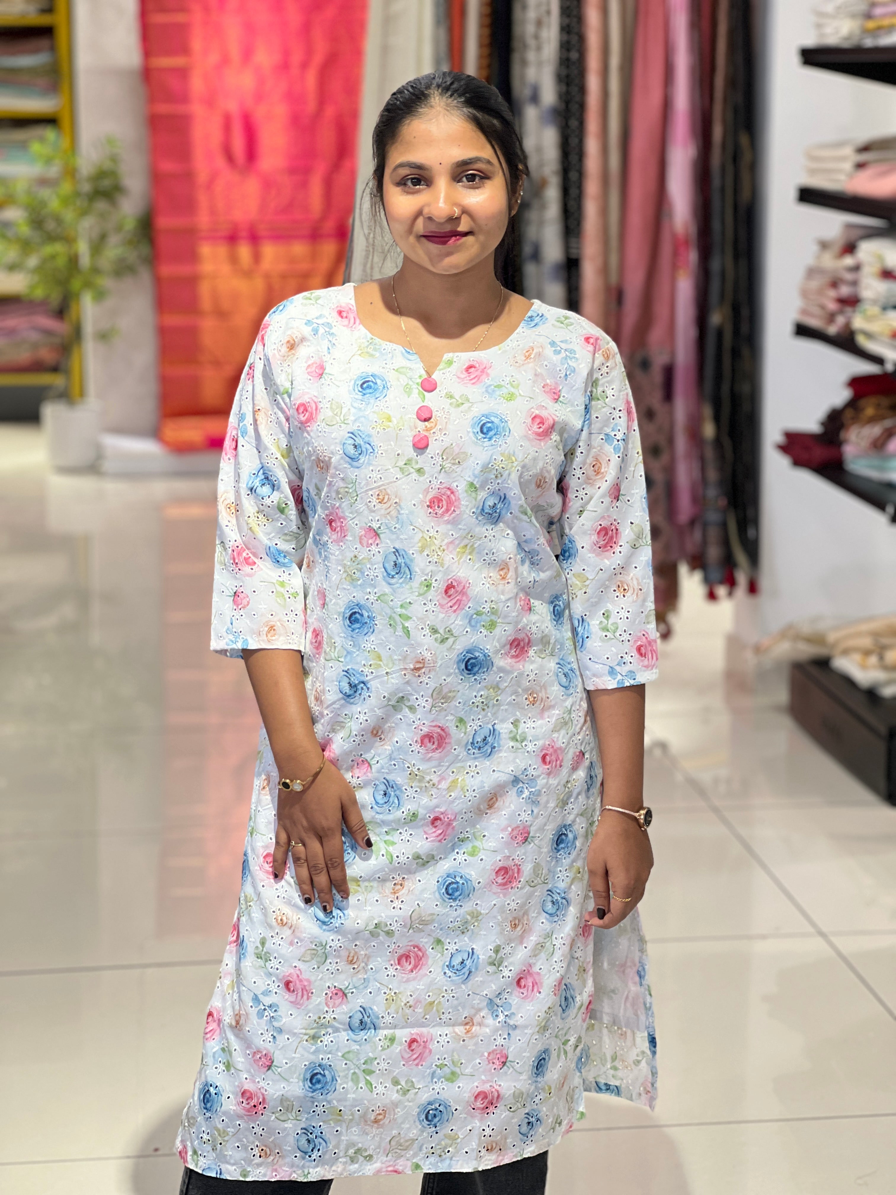 Floral Print With Schiffli Detailed Cotton Kurta | RMLA271