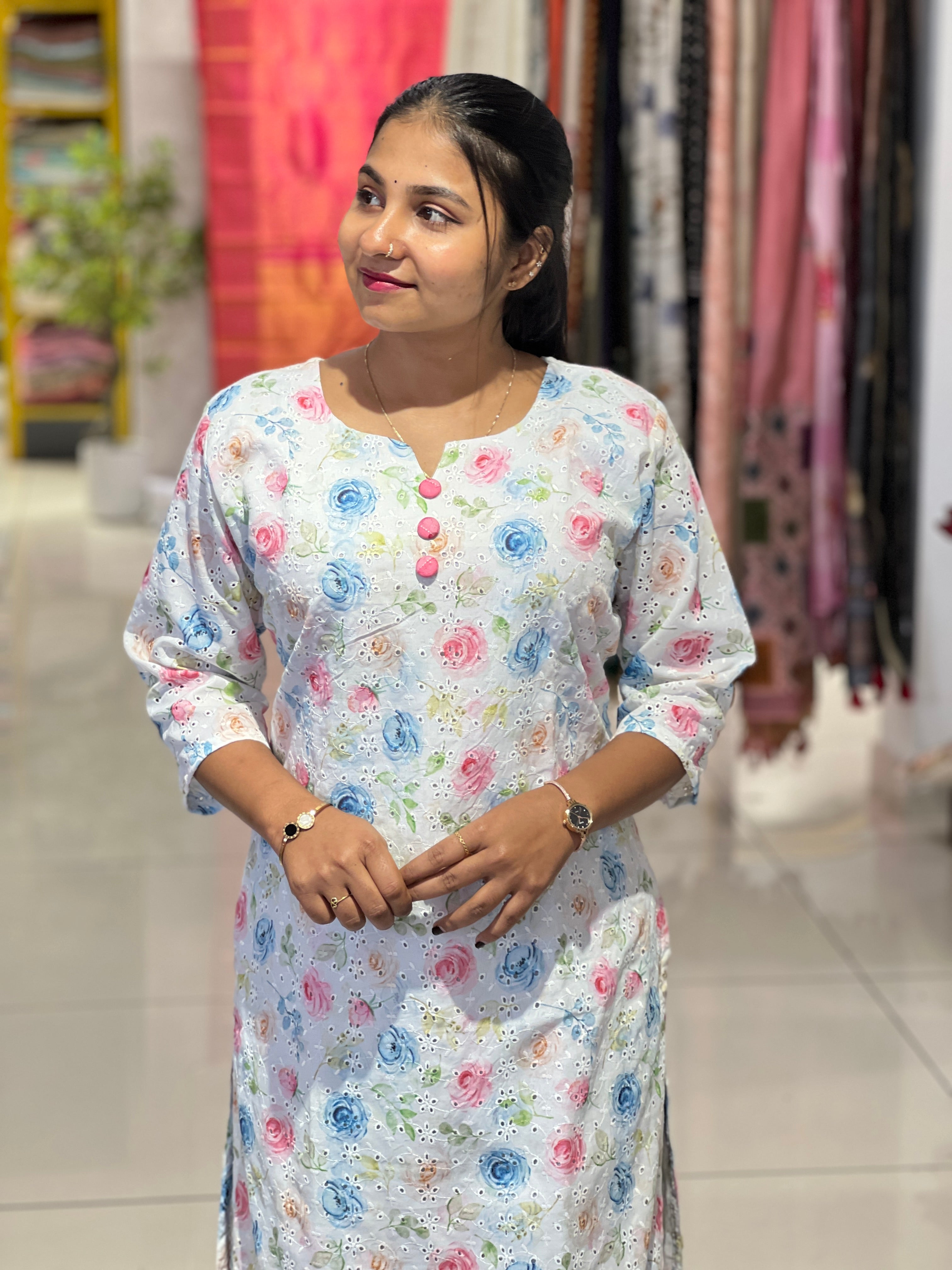Floral Print With Schiffli Detailed Cotton Kurta | RMLA271