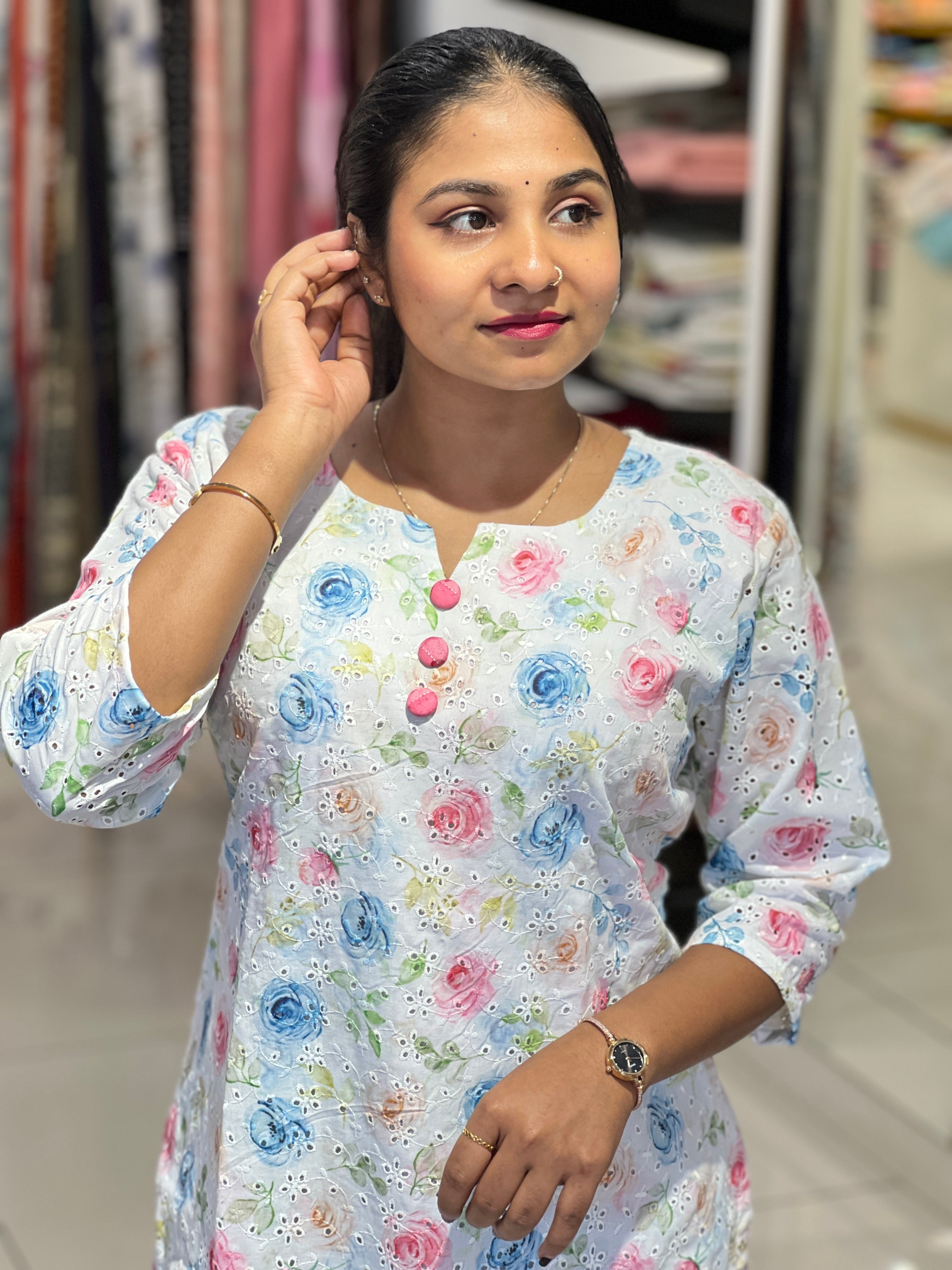 Floral Print With Schiffli Detailed Cotton Kurta | RMLA271
