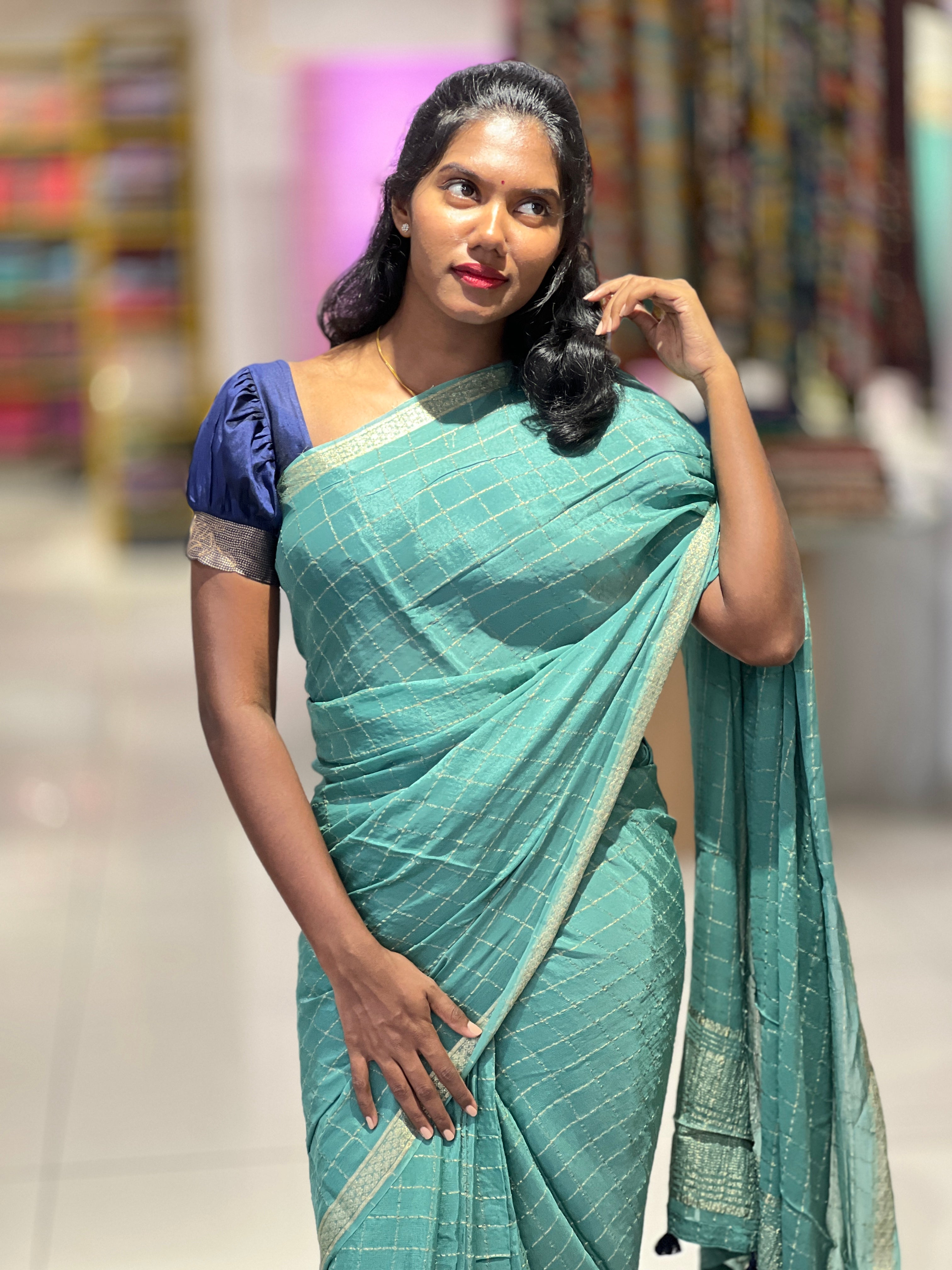 Zari Check Weaving Patterned Crispy Georgette Saree | DVS240