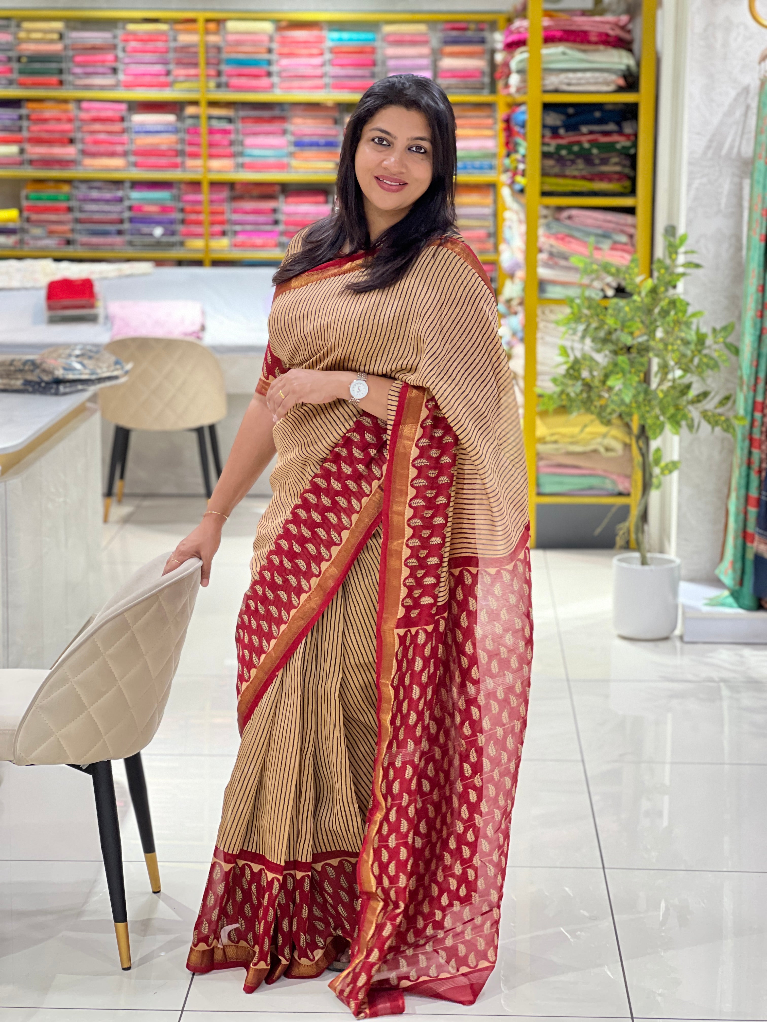 Stripes Printed Chanderi Saree | VFC584