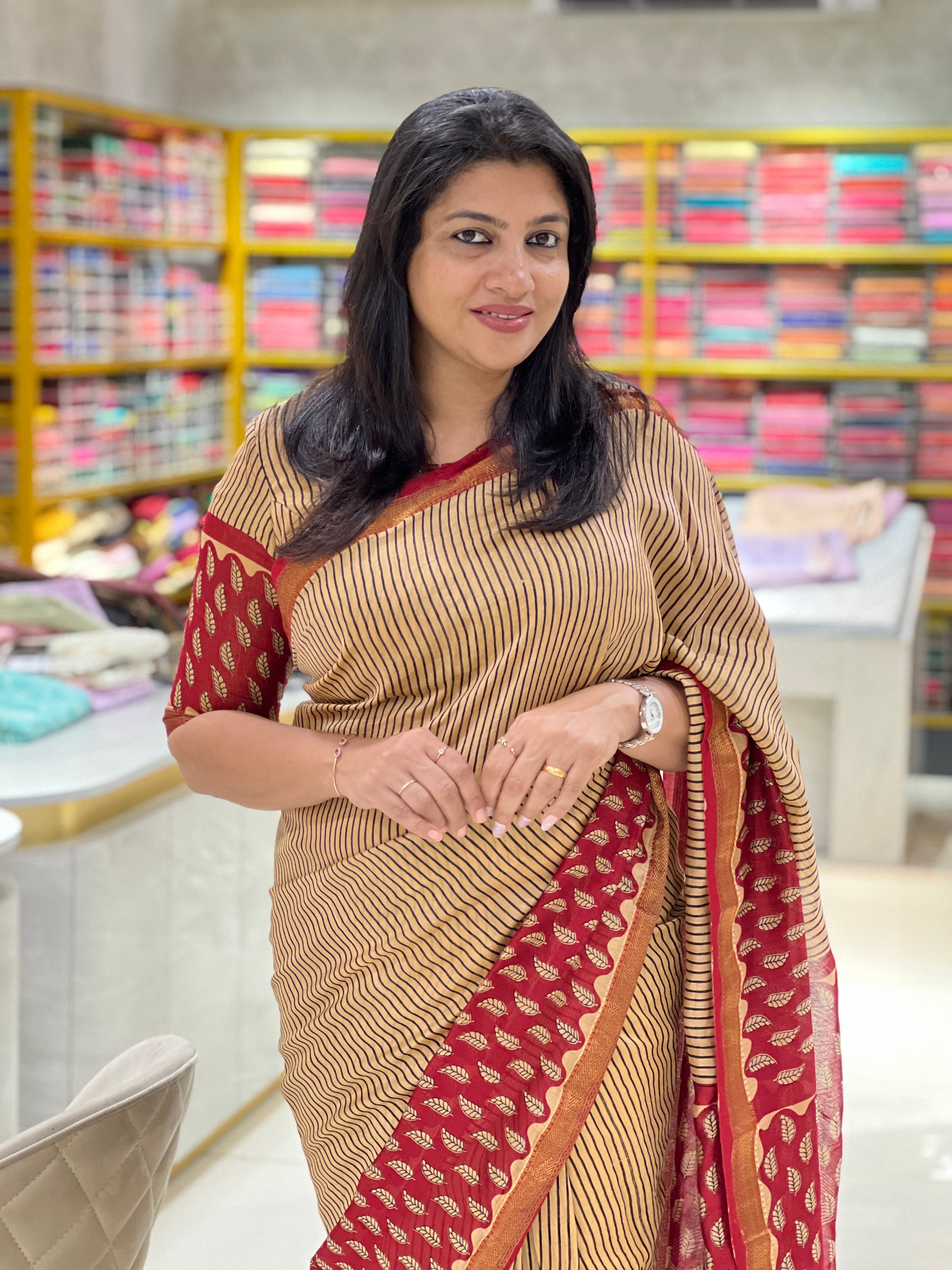 Stripes Printed Chanderi Saree | VFC584