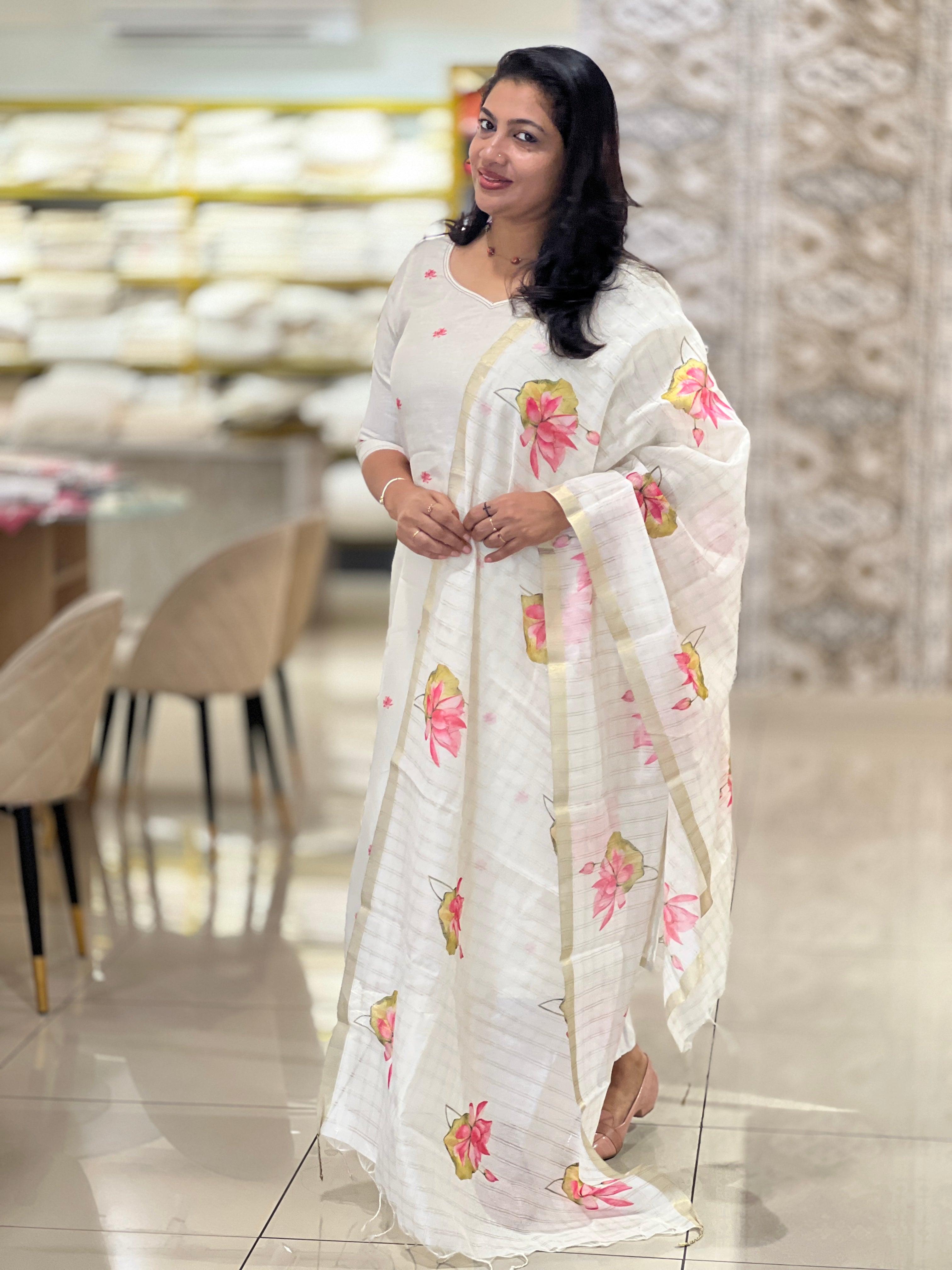 Floral Digital Print Detailed Chanderi Salwar Set (Unstitched) | MR146