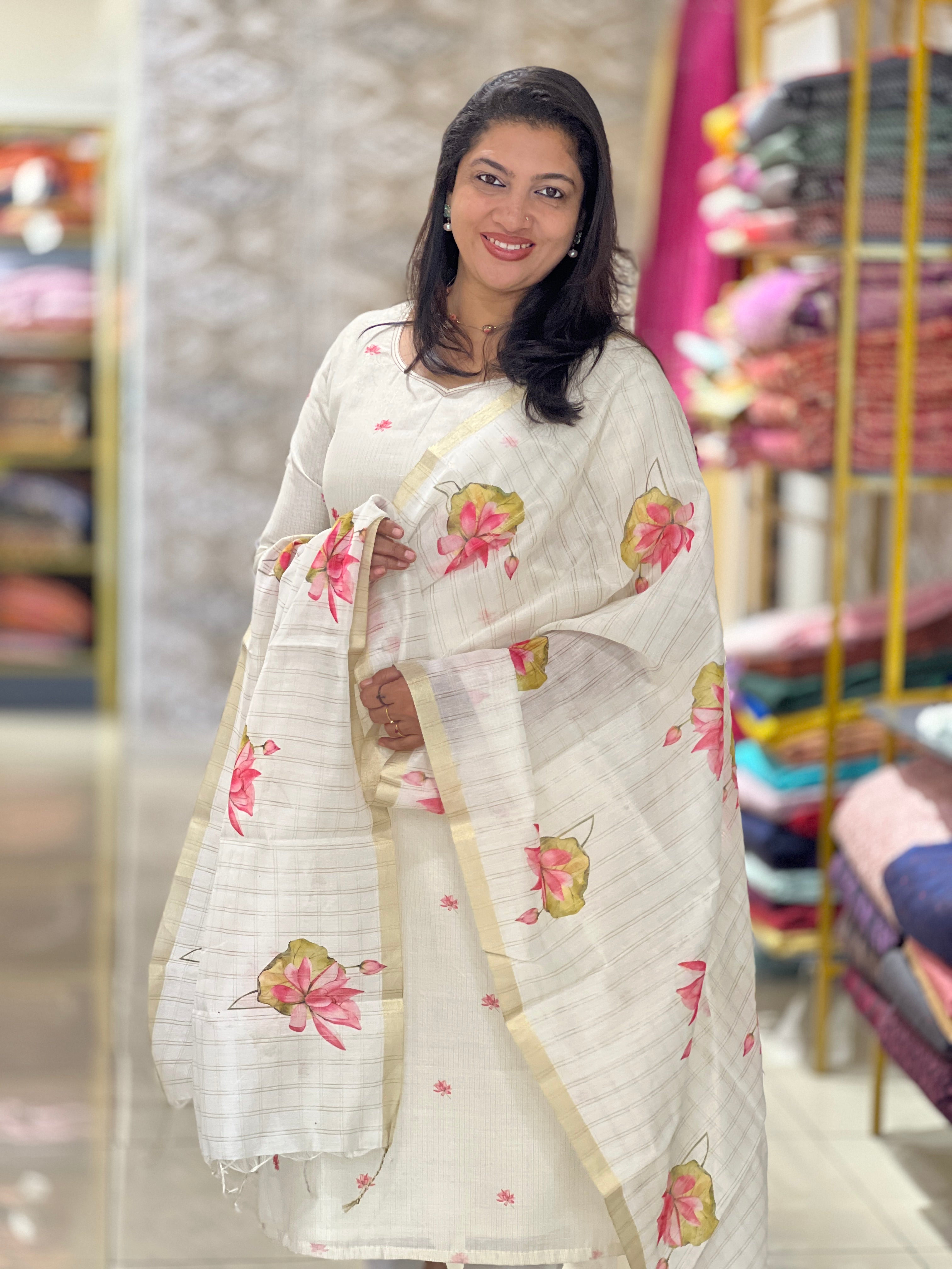 Floral Digital Print Detailed Chanderi Salwar Set (Unstitched) | MR146