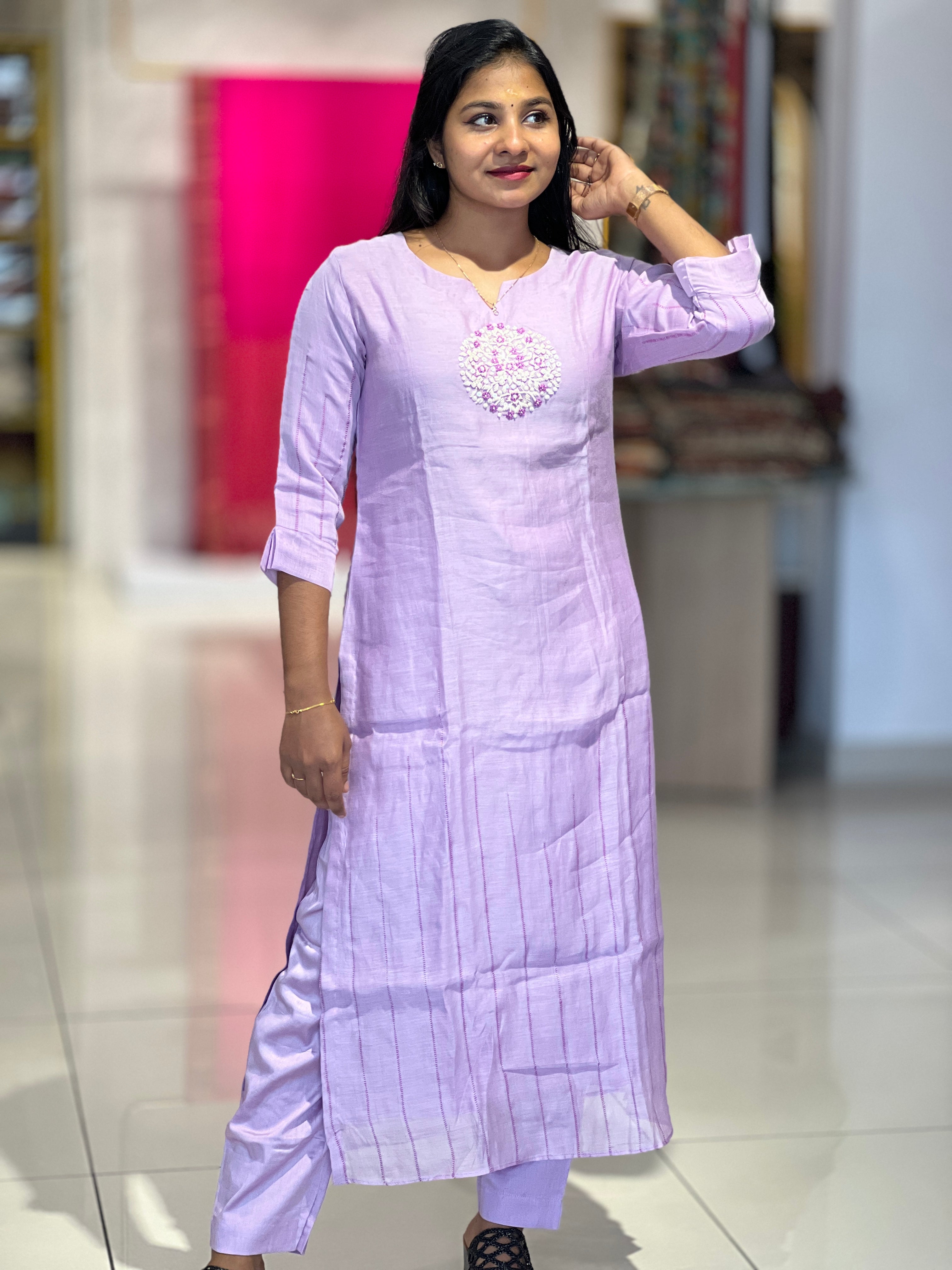 Hand Embroidery Detailed Chanderi Kurta Top & Bottom | EC101