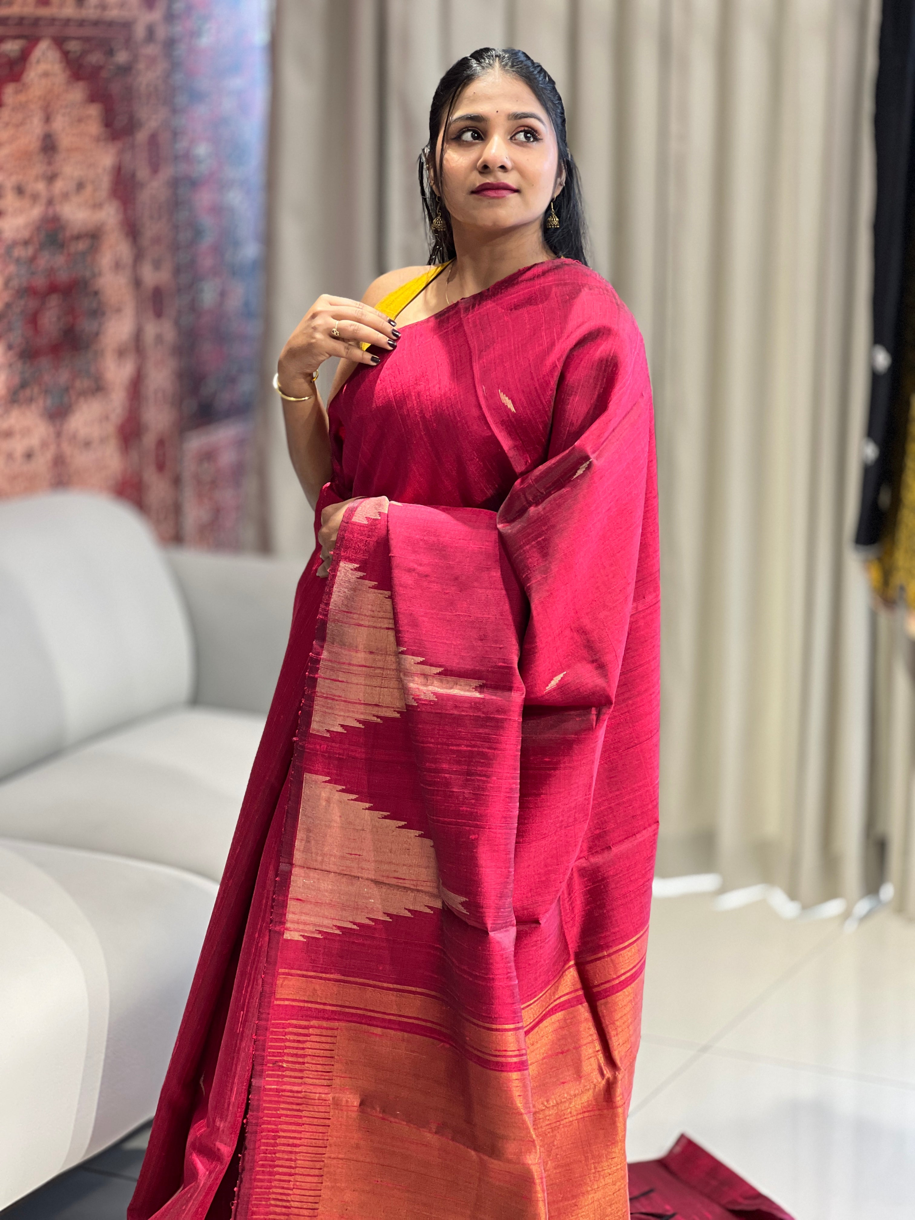 Traditional Temple Border Detailed Raw Silk Saree | HS1246