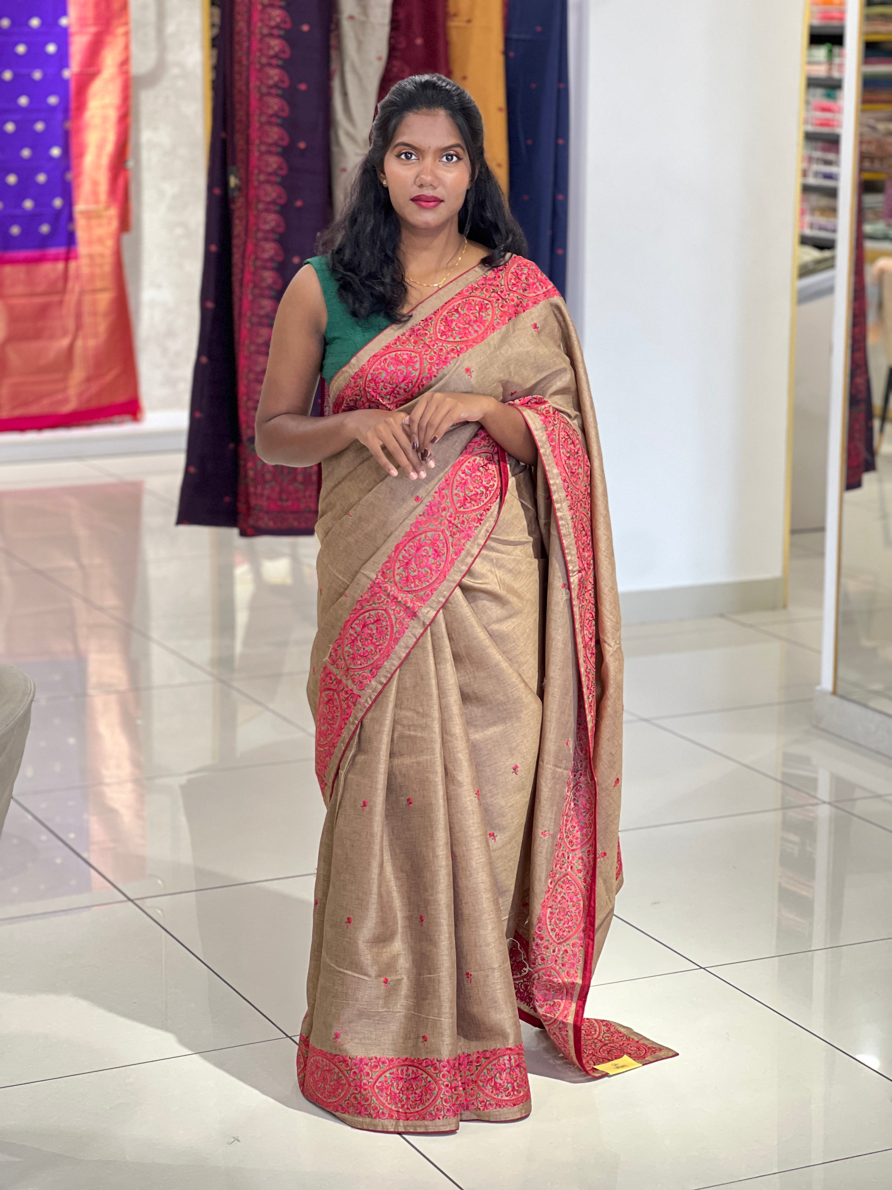 Machine Embroidery Detailed Semi Tussar Saree | SUN474