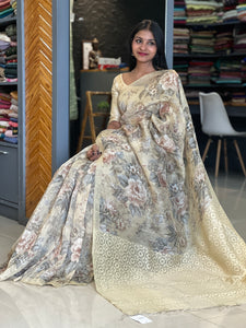 French Floral Pattern Silk Linen Saree | SMC131