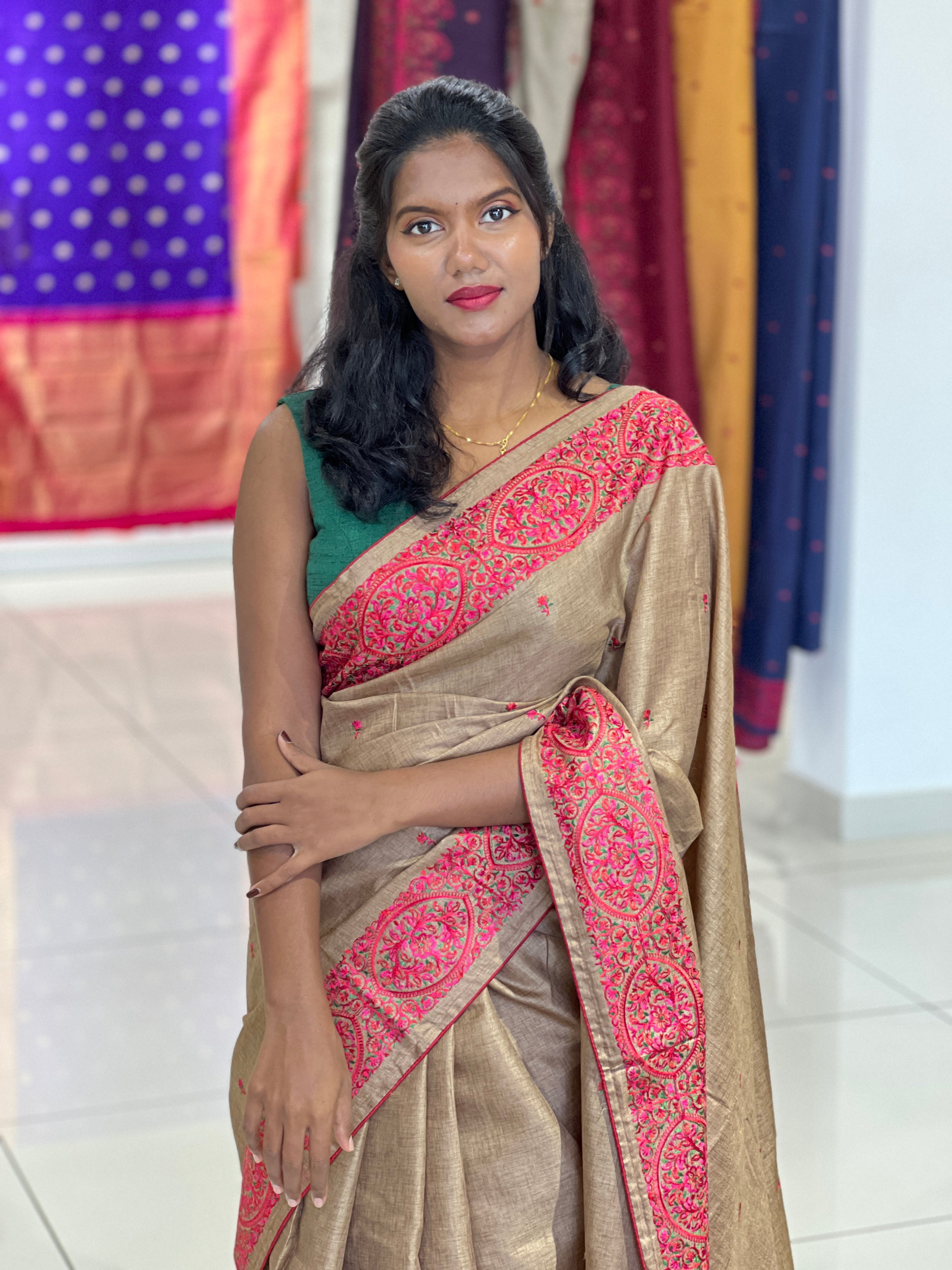 Machine Embroidery Detailed Semi Tussar Saree | SUN474