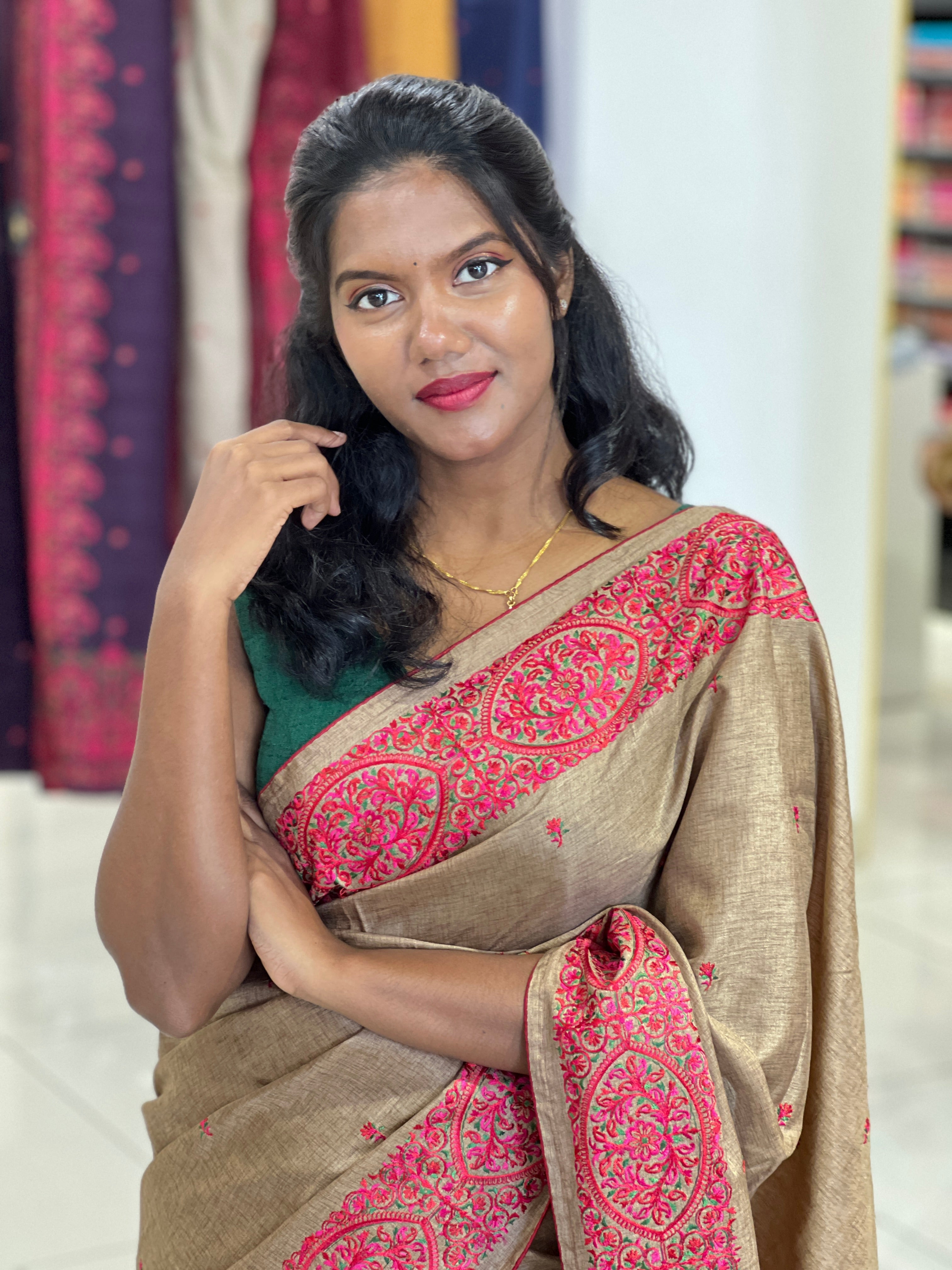 Machine Embroidery Detailed Semi Tussar Saree | SUN474