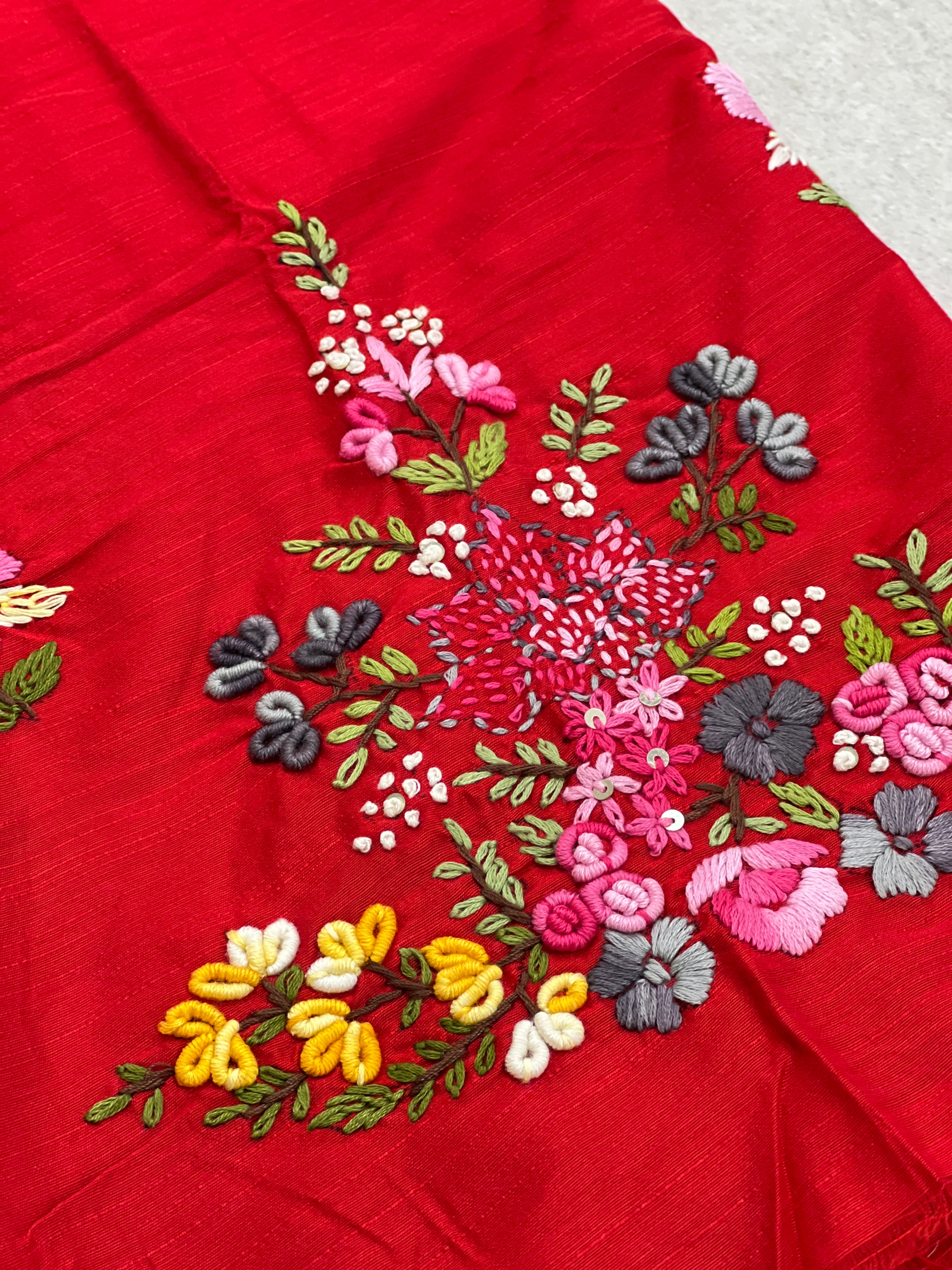 Floral Multicolour Hand Embroidery Detailed Cotton Silk Blouse Material | OS473