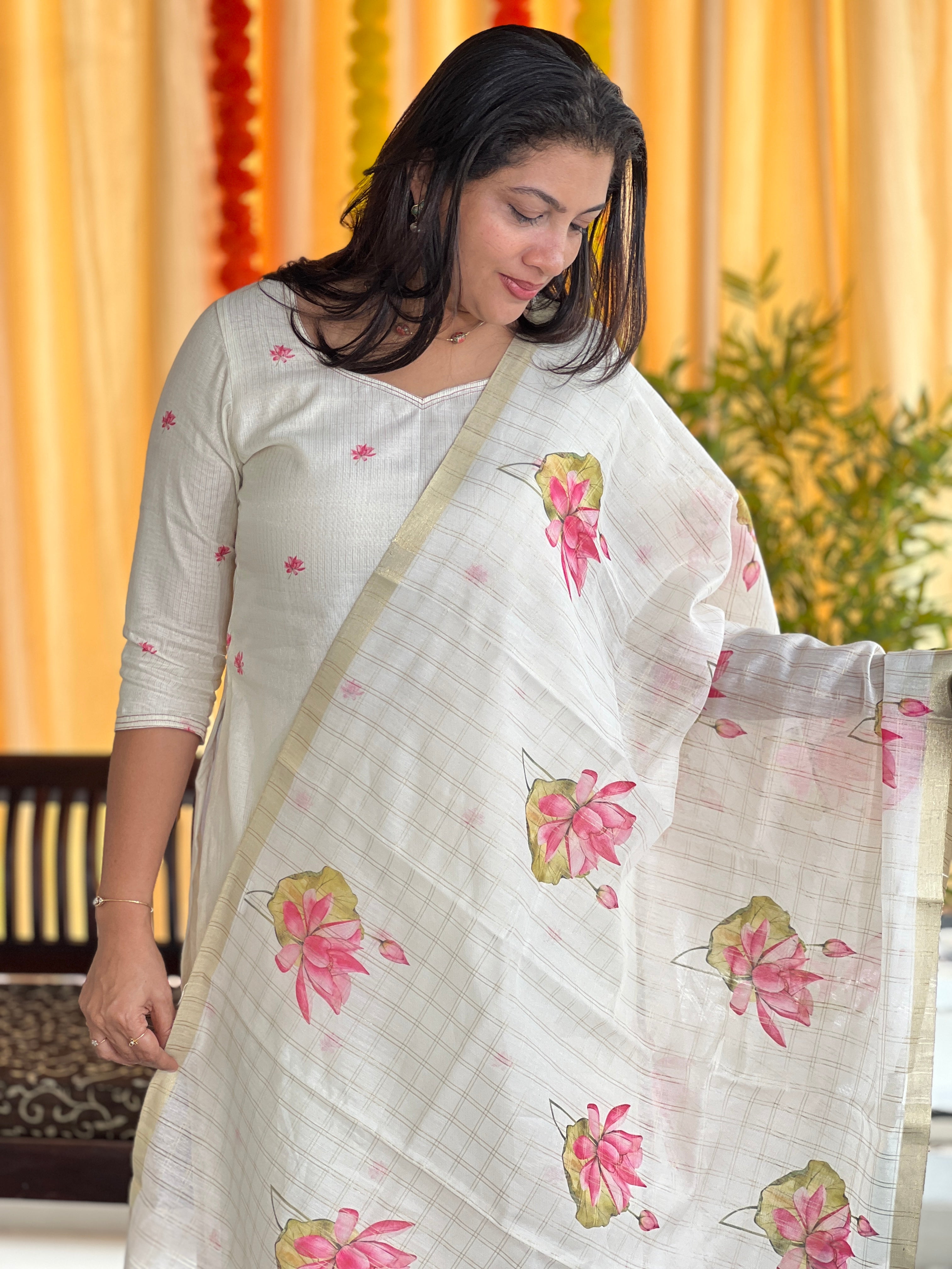 Floral Digital Print Detailed Chanderi Salwar Set (Unstitched) | MR146