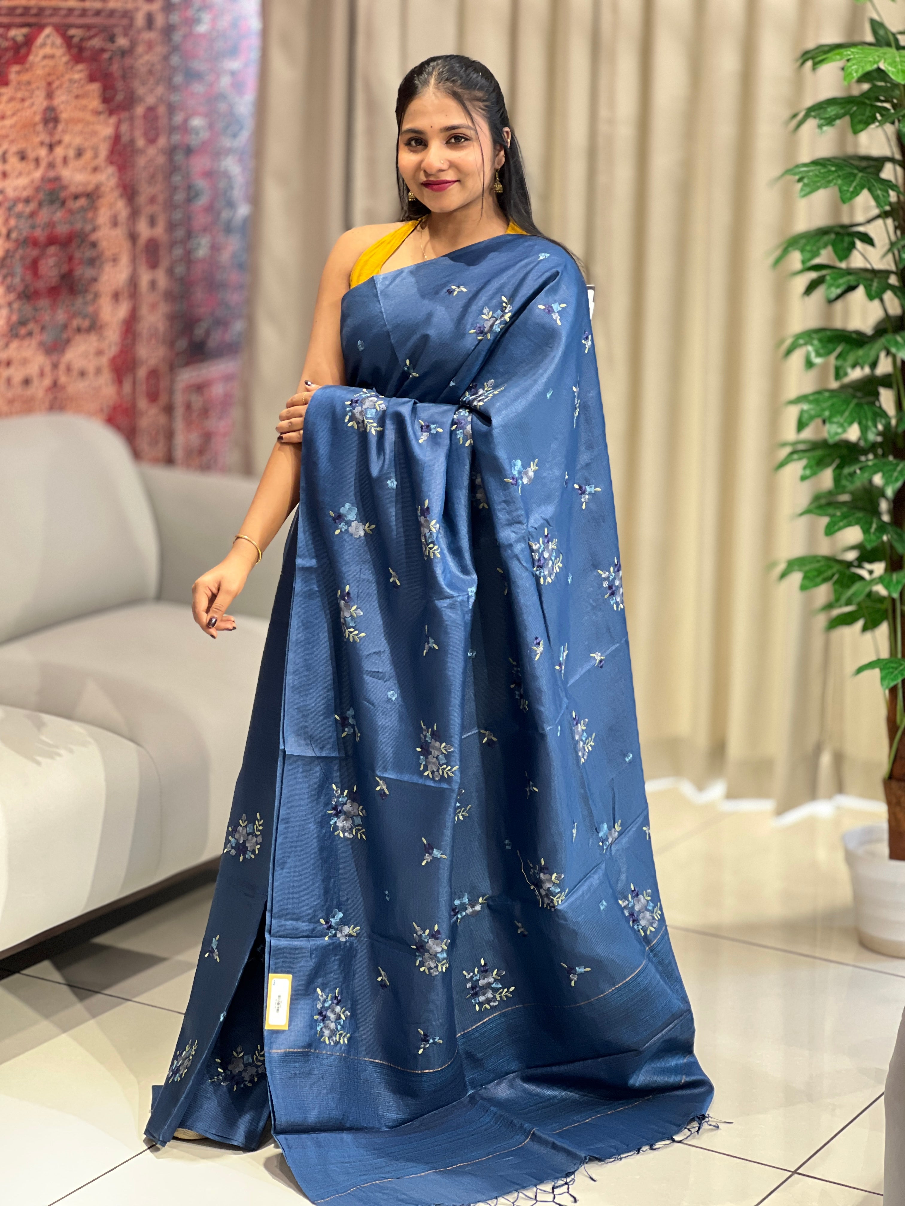 Floral Embroidery Detailed Tussar Saree | HS1299